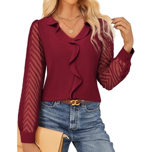 GRACE KARIN Womens Business Casual Tops Sheer Lace Long Sleeve Blouses Work Office Outfits Formal Dressy Shirt Ruffle V Neck(Wine Red)