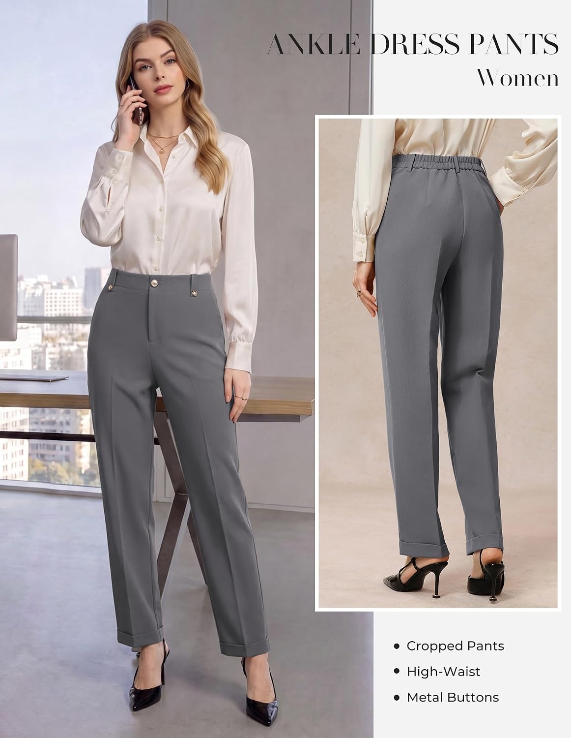 image:imageGRACE KARIN Ankle Dress Pants Women Business Casual Slacks Office Work Wear Decorative ButtonsCuffed hemElastic High WaistZipperPocketsPetiteTeacherWorkerCigaretteampSkinnyGrey