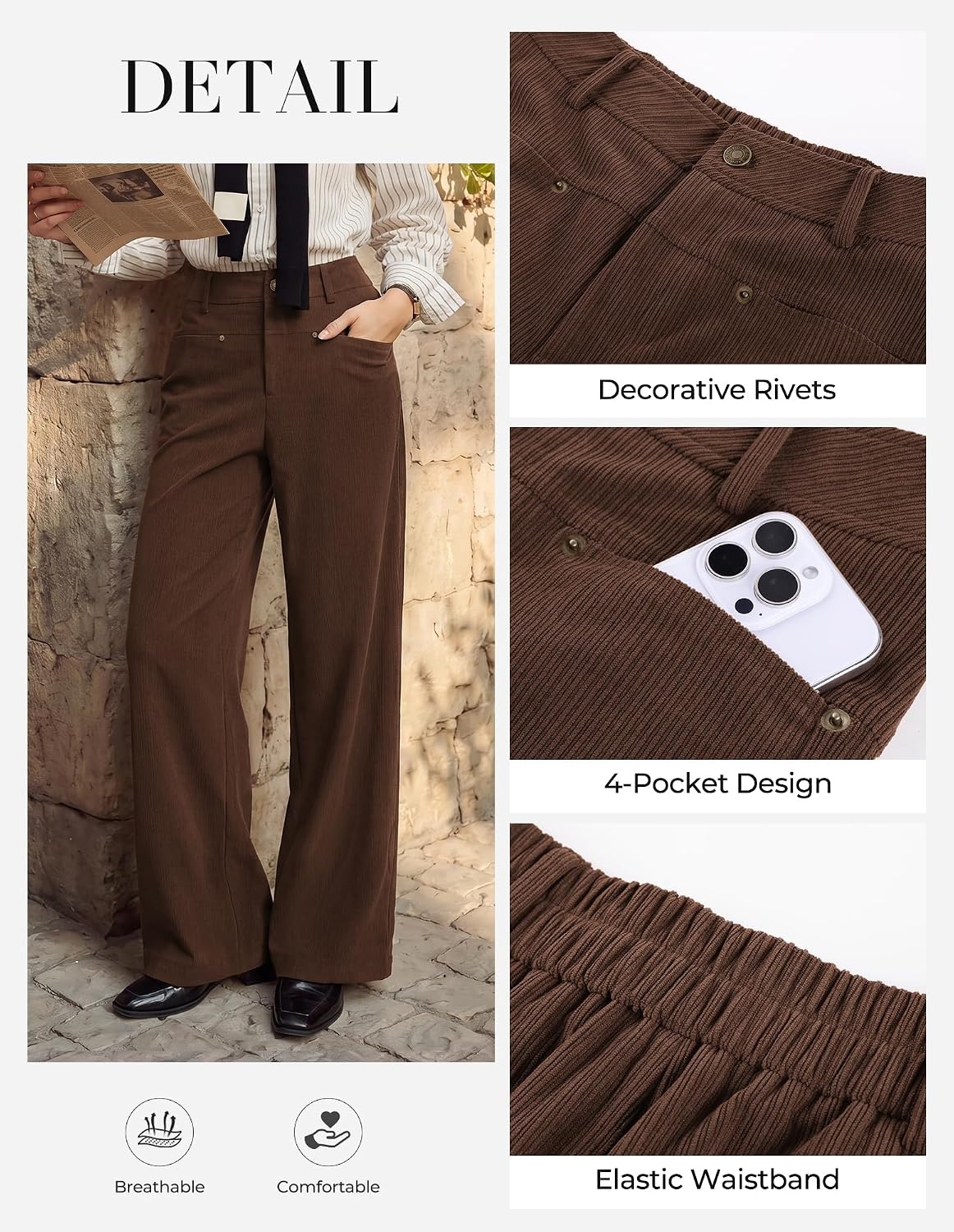 image:imageGRACE KARIN Corduroy Pants Women Casual Wide Leg Baggy Trousers Fall Winter 4 Pockets front and backStretchRivetsElastic High WaistPalazzoLeisureHomeDark Brown