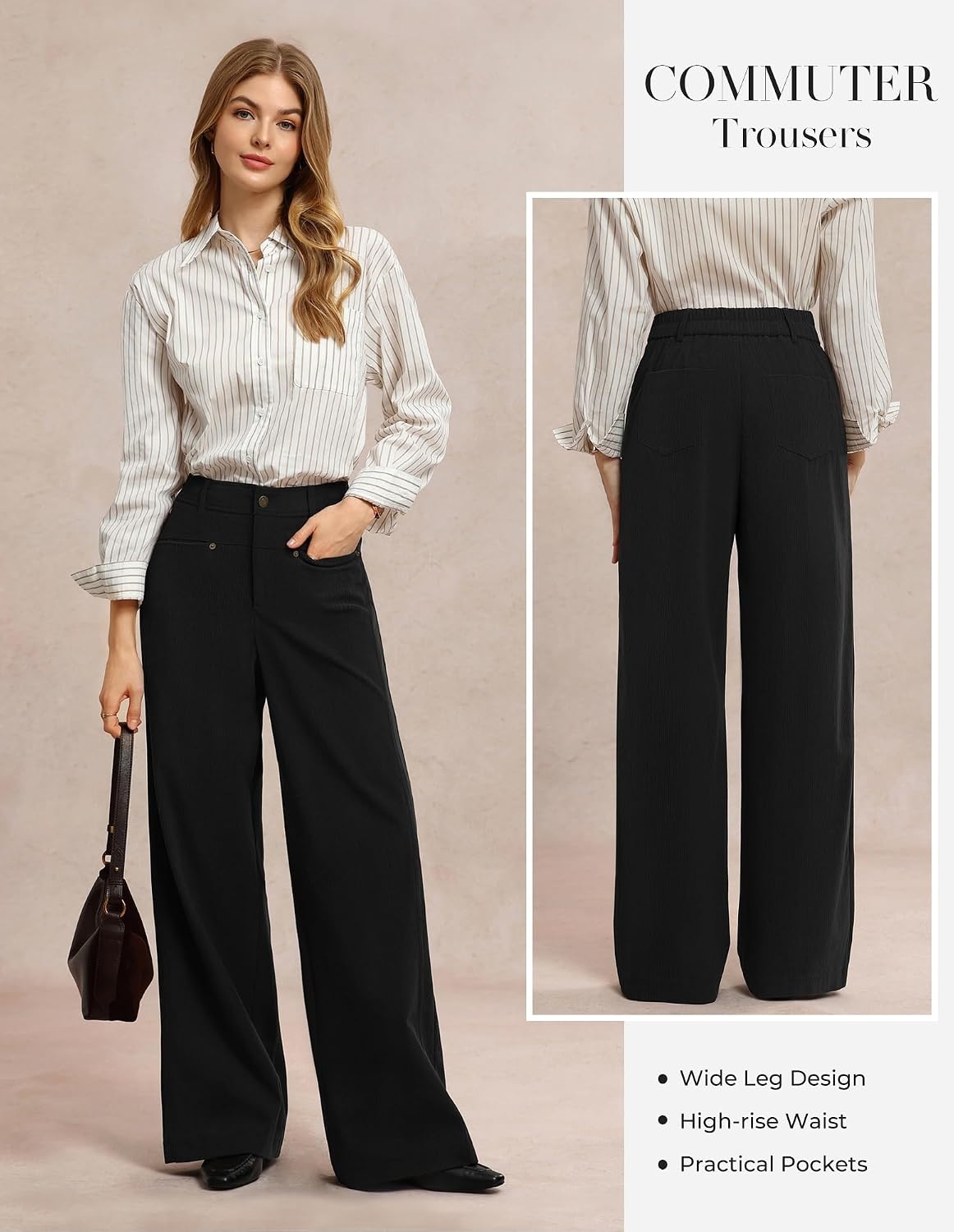 image:imageGRACE KARIN Corduroy Pants Women Casual Wide Leg Baggy Trousers Fall Winter 4 Pockets front and backStretchRivetsElastic High WaistPalazzoLeisureHomeBlack