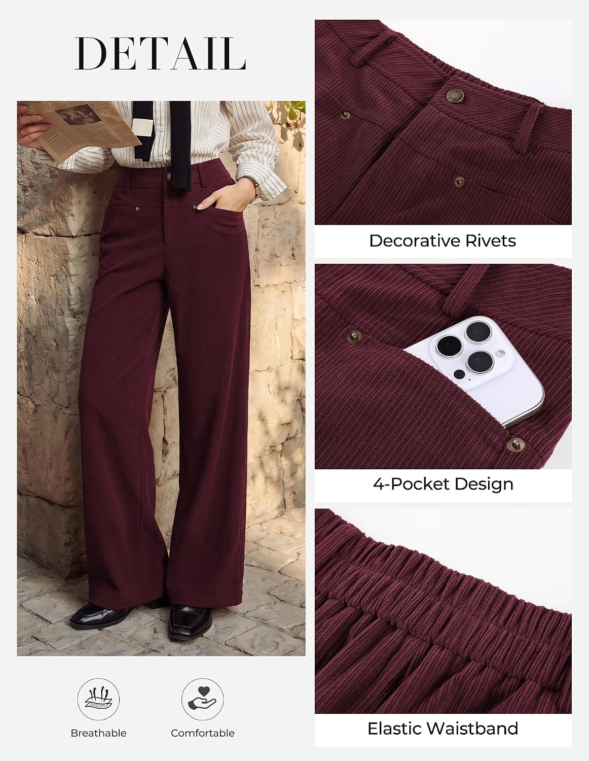 image:imageGRACE KARIN Corduroy Pants Women Casual Wide Leg Baggy Trousers Fall Winter 4 Pockets front and backStretchRivetsElastic High WaistPalazzoLeisureHomeBurgundy