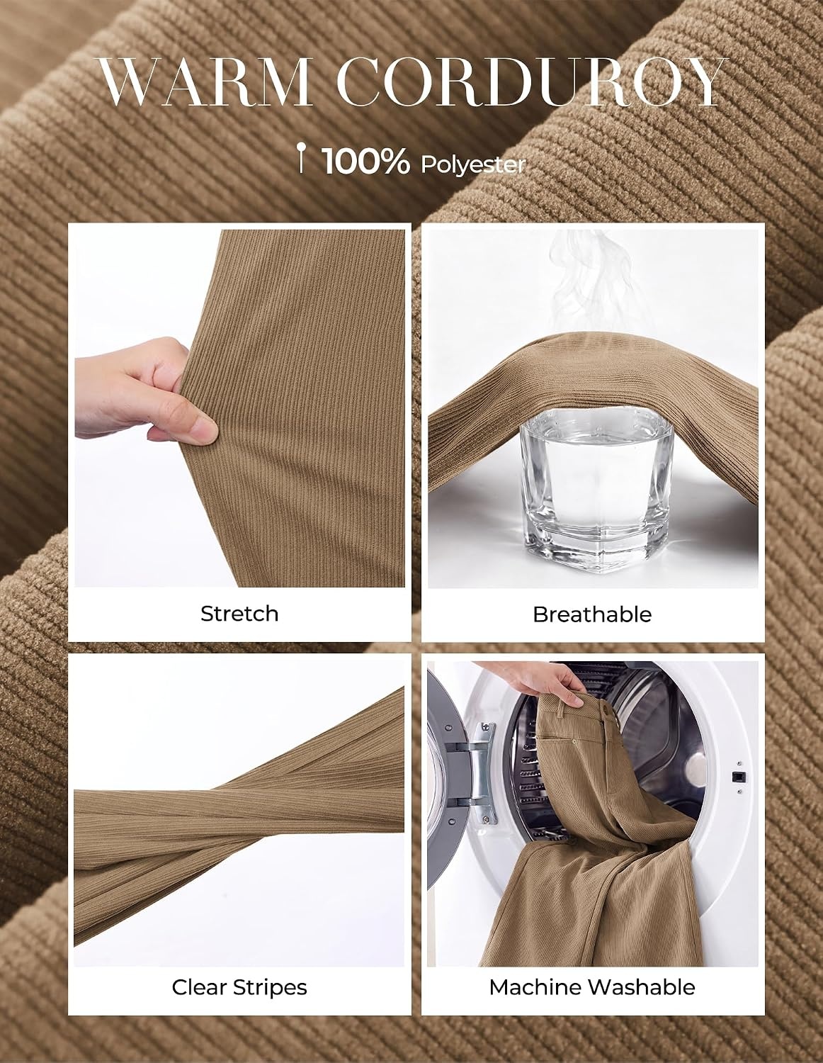 image:imageGRACE KARIN Corduroy Pants Women Casual Wide Leg Baggy Trousers Fall Winter 4 Pockets front and backStretchRivetsElastic High WaistPalazzoLeisureHomeKhaki
