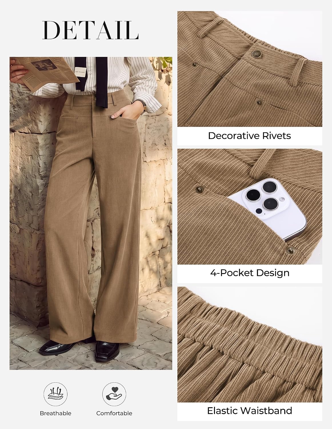 image:imageGRACE KARIN Corduroy Pants Women Casual Wide Leg Baggy Trousers Fall Winter 4 Pockets front and backStretchRivetsElastic High WaistPalazzoLeisureHomeKhaki
