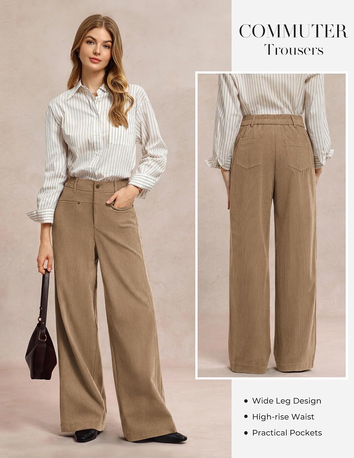image:imageGRACE KARIN Corduroy Pants Women Casual Wide Leg Baggy Trousers Fall Winter 4 Pockets front and backStretchRivetsElastic High WaistPalazzoLeisureHomeKhaki