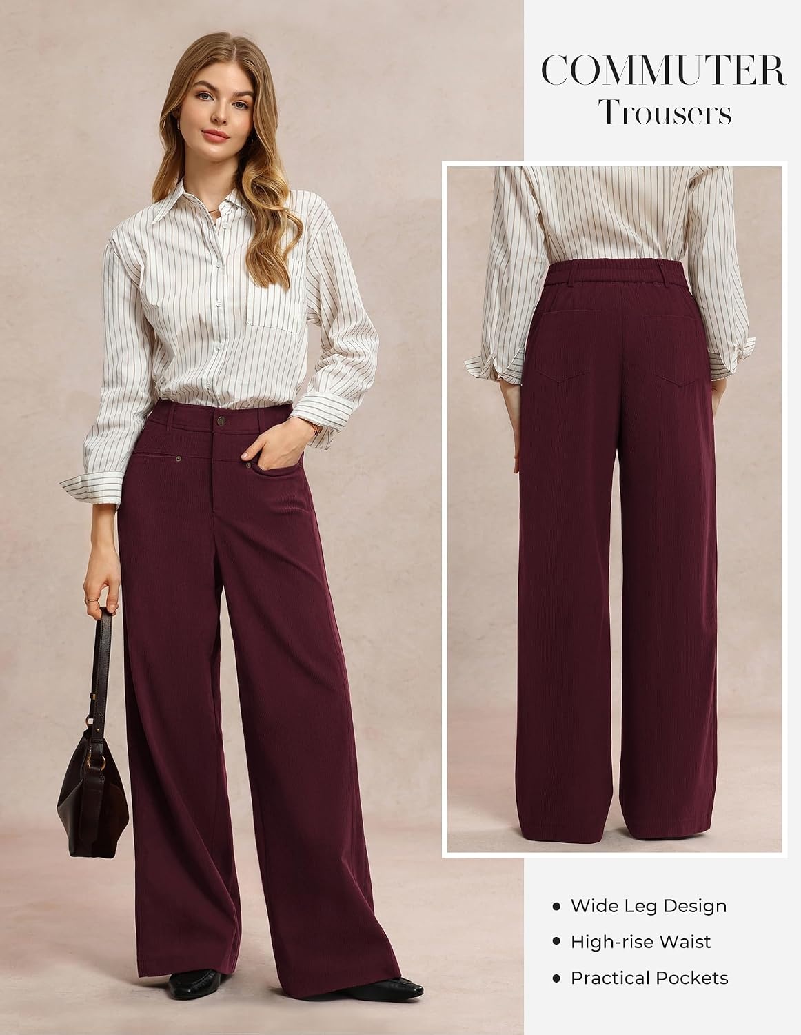 image:imageGRACE KARIN Corduroy Pants Women Casual Wide Leg Baggy Trousers Fall Winter 4 Pockets front and backStretchRivetsElastic High WaistPalazzoLeisureHomeBurgundy