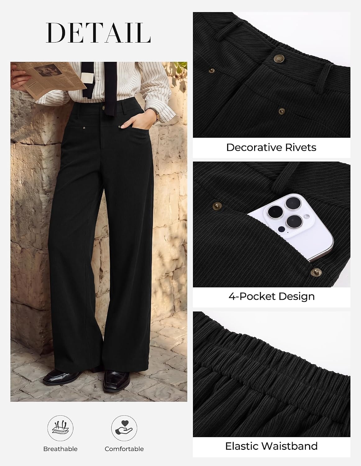 image:imageGRACE KARIN Corduroy Pants Women Casual Wide Leg Baggy Trousers Fall Winter 4 Pockets front and backStretchRivetsElastic High WaistPalazzoLeisureHomeBlack