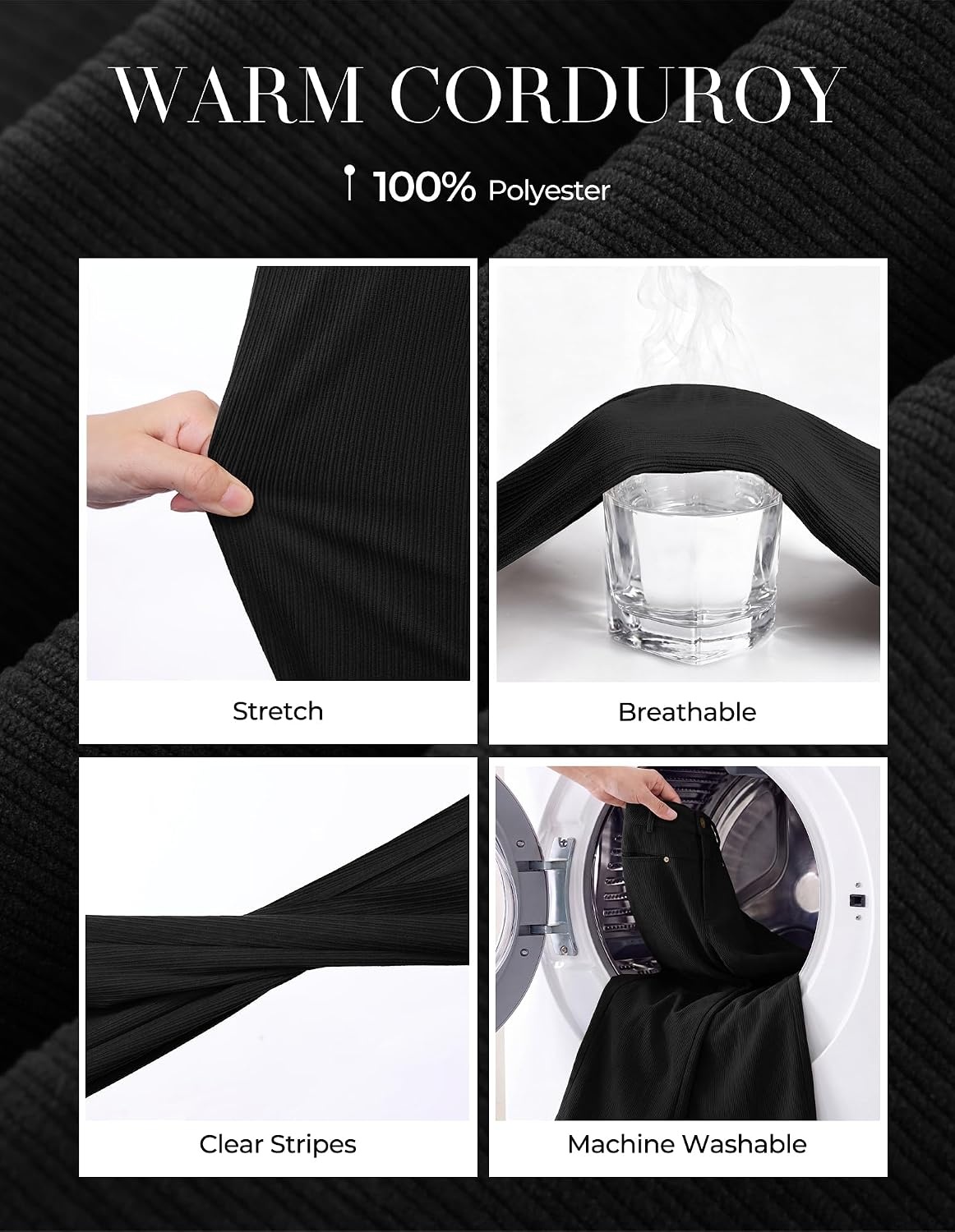 image:imageGRACE KARIN Corduroy Pants Women Casual Wide Leg Baggy Trousers Fall Winter 4 Pockets front and backStretchRivetsElastic High WaistPalazzoLeisureHomeBlack