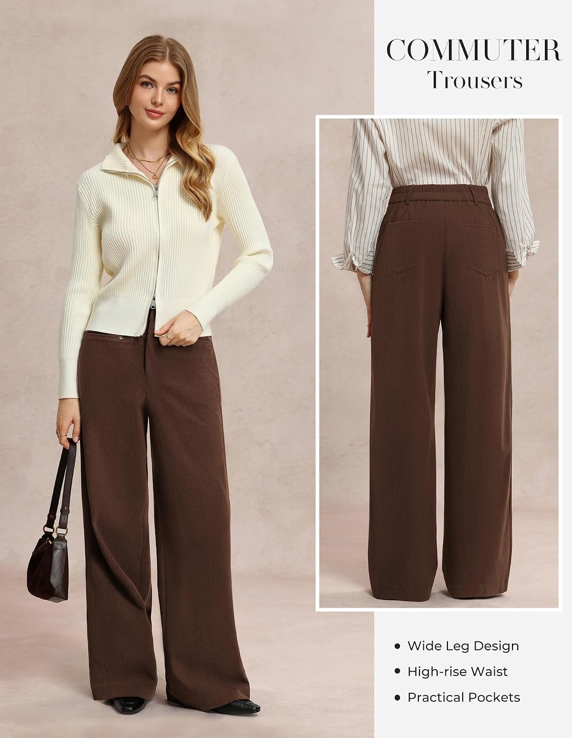 image:imageGRACE KARIN Corduroy Pants Women Casual Wide Leg Baggy Trousers Fall Winter 4 Pockets front and backStretchRivetsElastic High WaistPalazzoLeisureHomeDark Brown