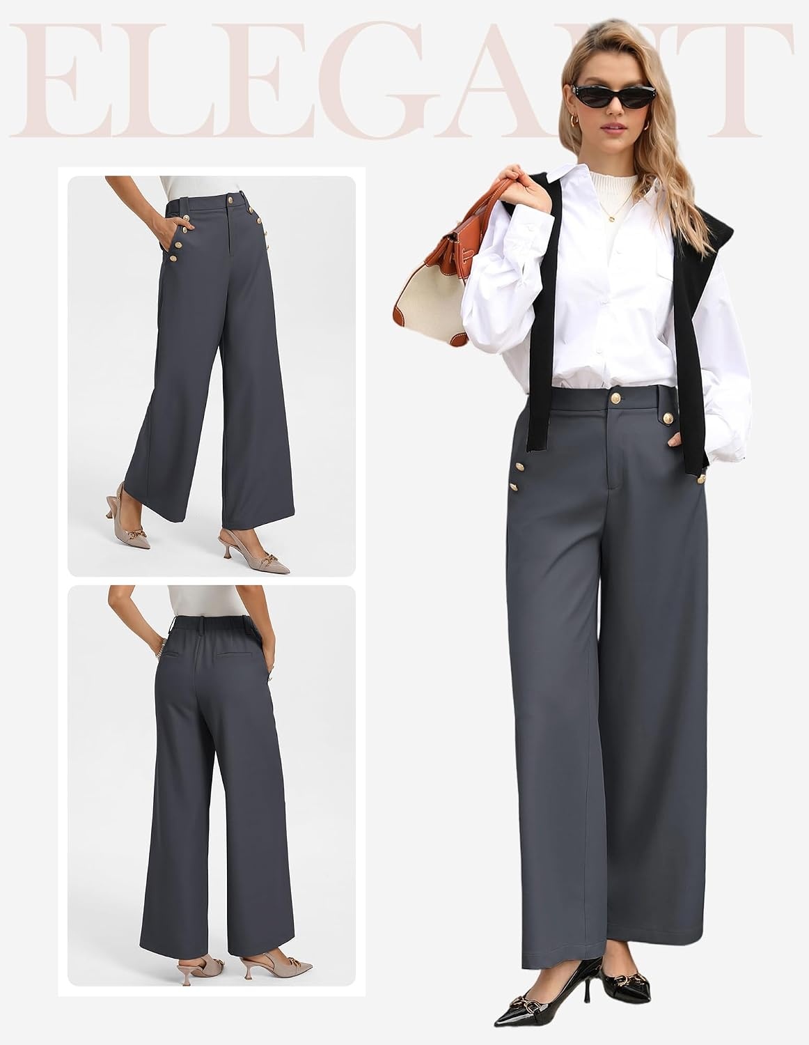 image:imageGRACE KARIN Wide Leg Dress Pants for Women 2026 Business Casual Trousers High Waisted Work Buttons with Pockets Straight Leg Teacher Flowy PalazzoGrey