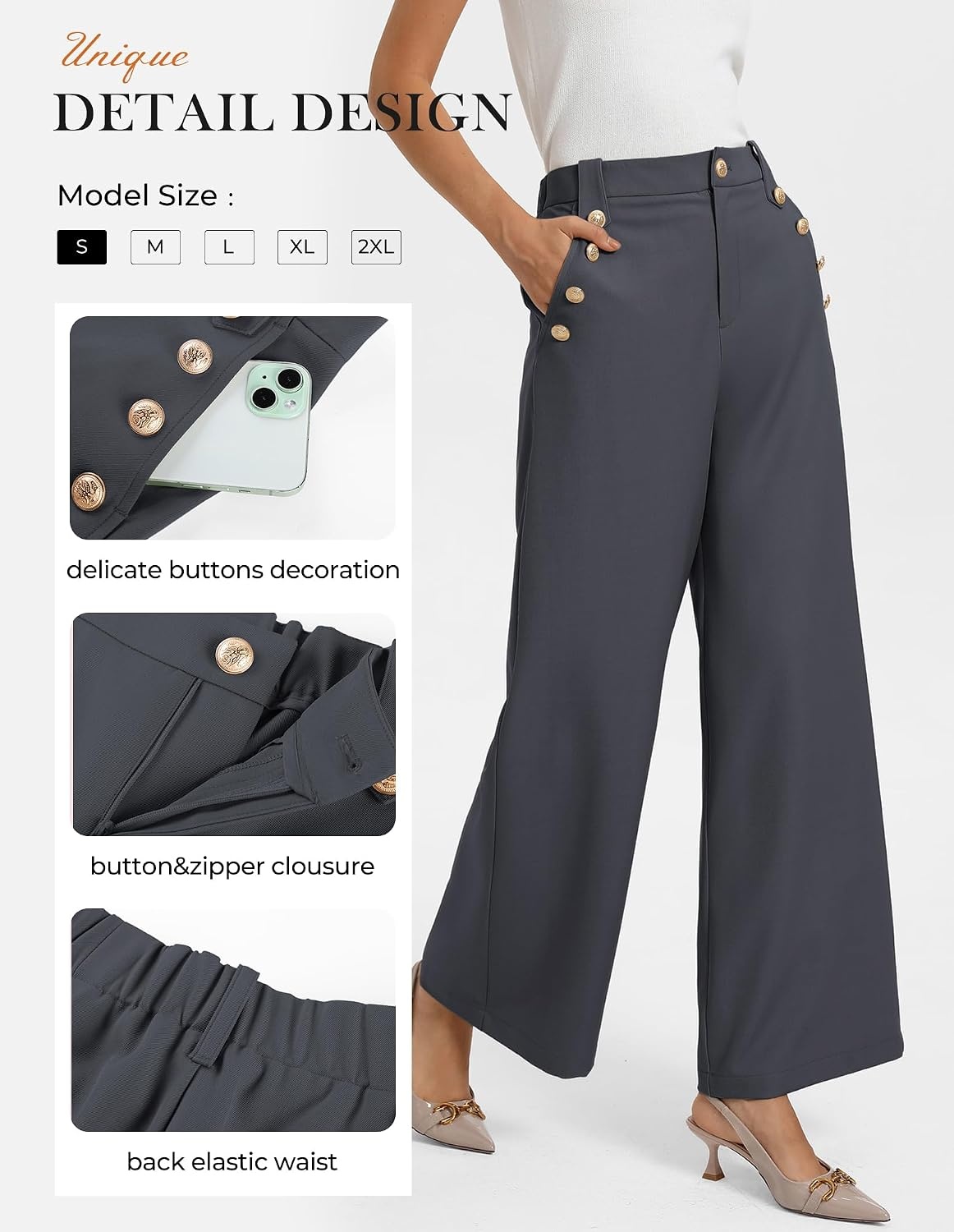 image:imageGRACE KARIN Wide Leg Dress Pants for Women 2026 Business Casual Trousers High Waisted Work Buttons with Pockets Straight Leg Teacher Flowy PalazzoGrey