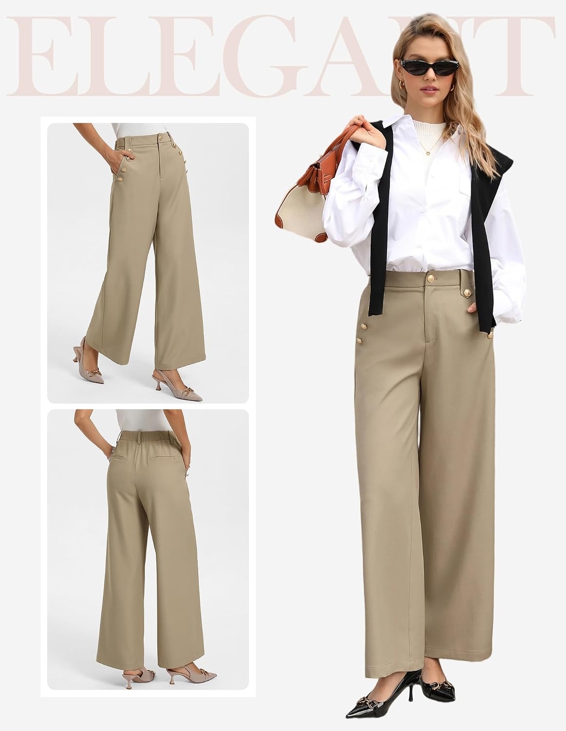 image:imageGRACE KARIN Wide Leg Dress Pants for Women 2026 Business Casual Trousers High Waisted Work Buttons with Pockets Straight Leg Teacher Flowy PalazzoKhaki