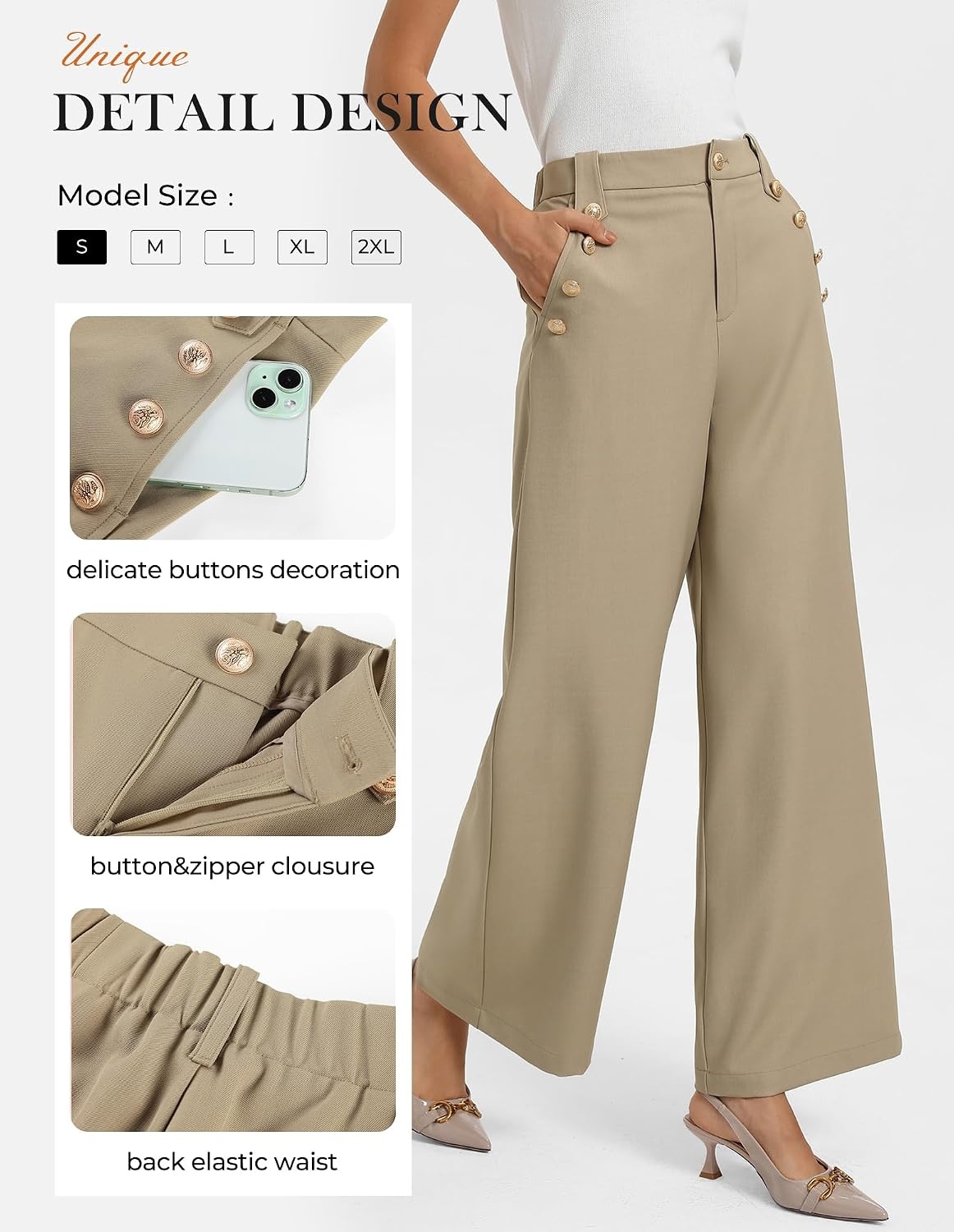 image:imageGRACE KARIN Wide Leg Dress Pants for Women 2026 Business Casual Trousers High Waisted Work Buttons with Pockets Straight Leg Teacher Flowy PalazzoKhaki