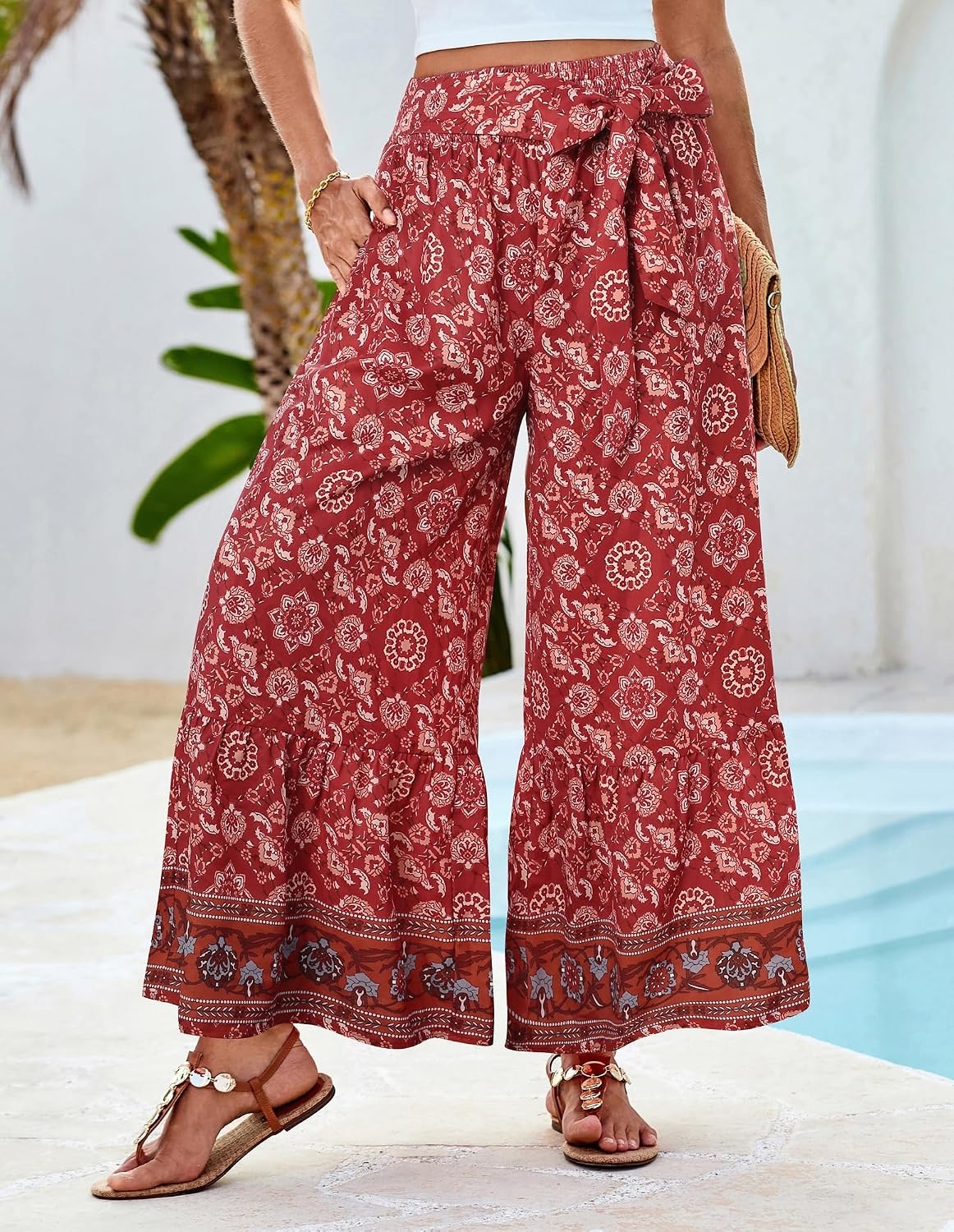 image:imageGRACE KARIN Wome Palazzo Wide Leg Pants Summer Boho Flowy Beach Trousers BeltedPocketsElastic High WaistedPull OnAline FlarePrintedTravelComfyVacationHawaiiHoneymoonRed Floral