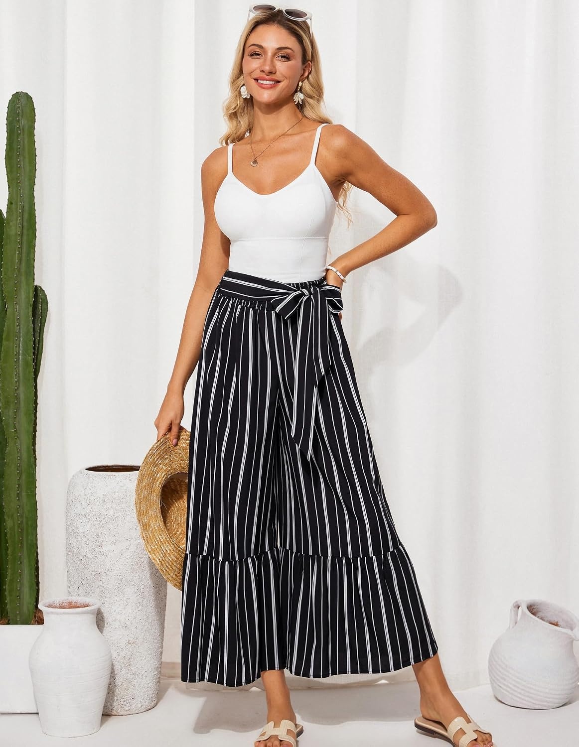 image:imageGRACE KARIN Wome Palazzo Wide Leg Pants Summer Boho Flowy Beach Trousers BeltedPocketsElastic High WaistedPull OnAline FlarePrintedTravelComfyVacationHawaiiHoneymoonBlack Striped