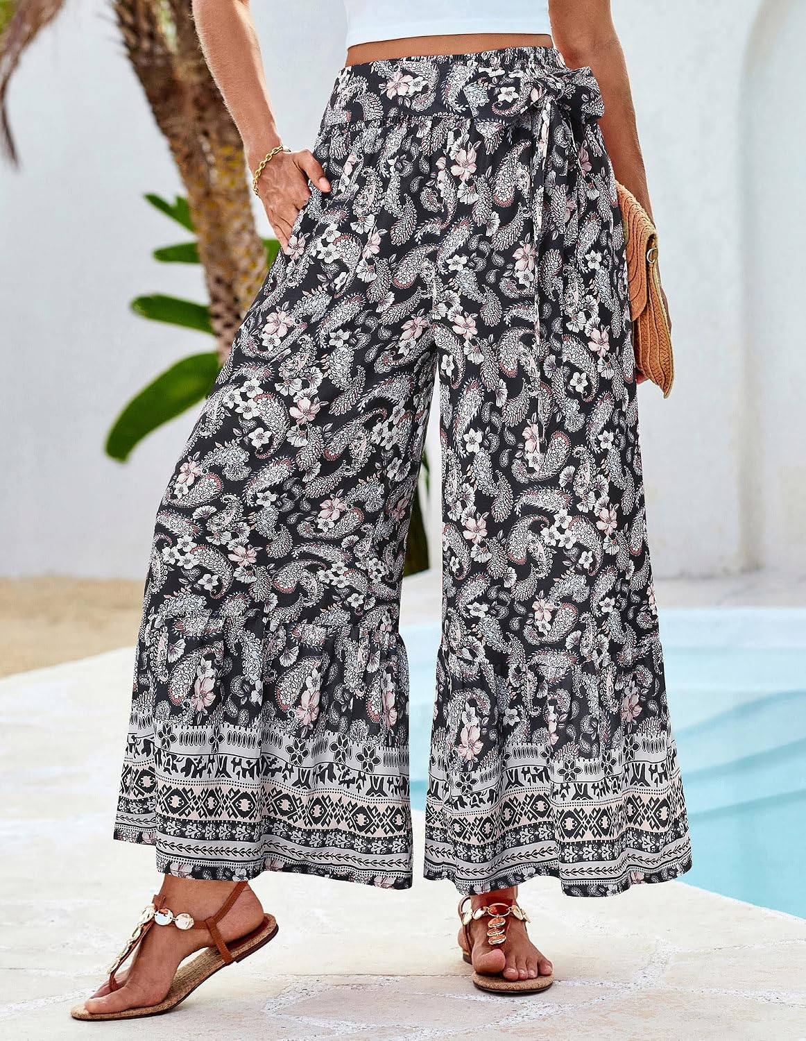 image:imageGRACE KARIN Wome Palazzo Wide Leg Pants Summer Boho Flowy Beach Trousers BeltedPocketsElastic High WaistedPull OnAline FlarePrintedTravelComfyVacationHawaiiHoneymoonBlack Floral