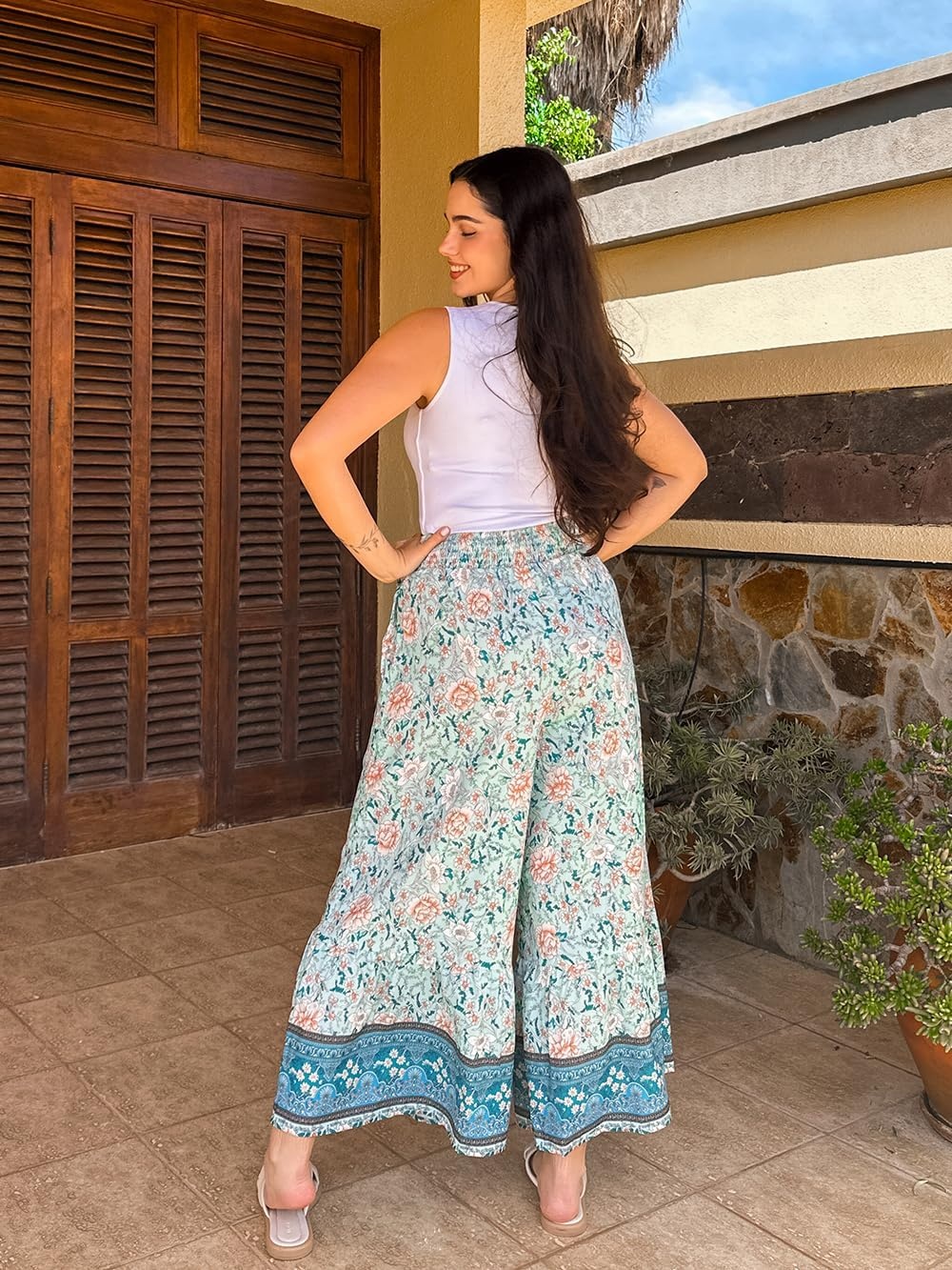 image:imageGRACE KARIN Wome Palazzo Wide Leg Pants Summer Boho Flowy Beach Trousers BeltedPocketsElastic High WaistedPull OnAline FlarePrintedTravelComfyVacationHawaiiHoneymoonMint Floral