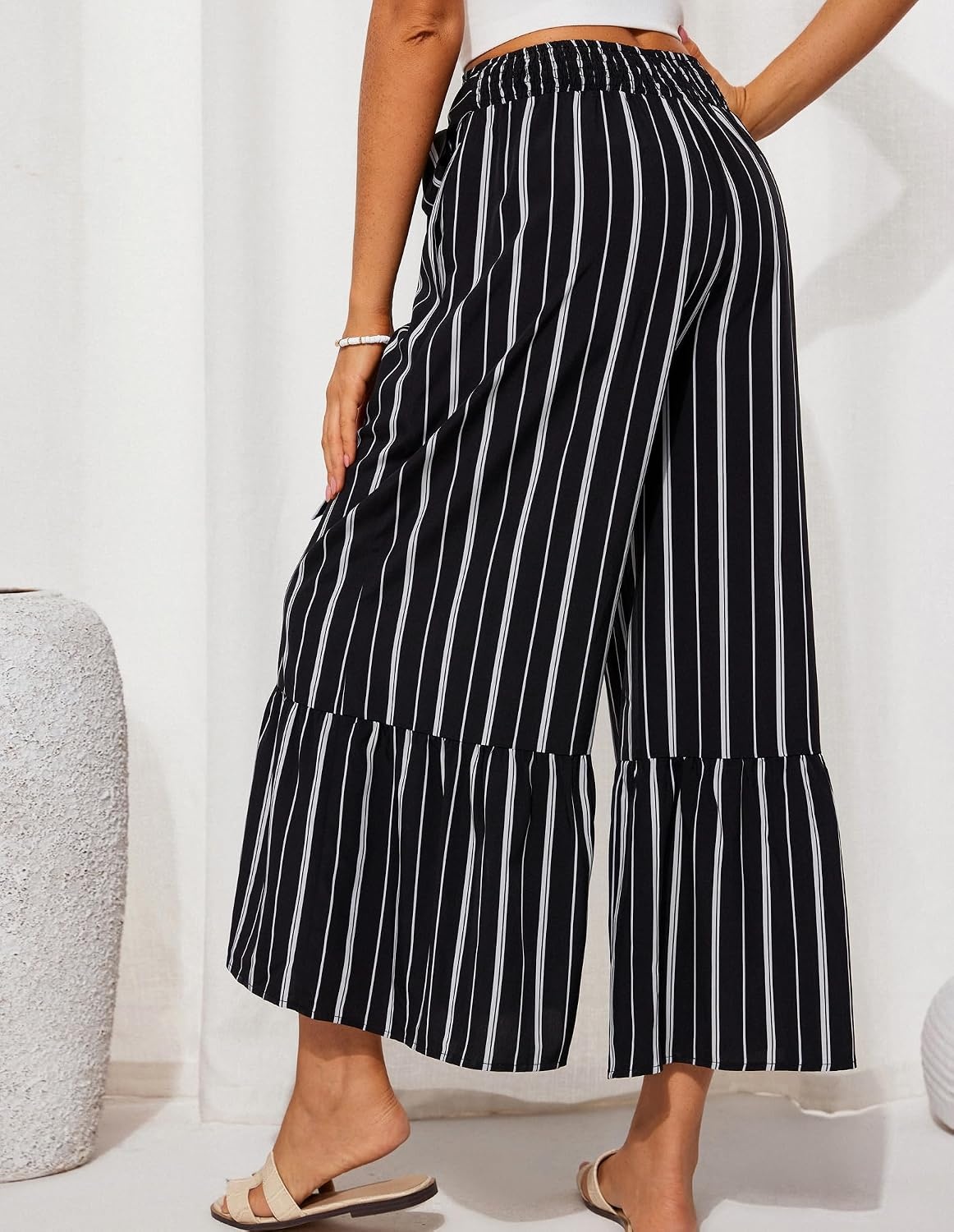 image:imageGRACE KARIN Wome Palazzo Wide Leg Pants Summer Boho Flowy Beach Trousers BeltedPocketsElastic High WaistedPull OnAline FlarePrintedTravelComfyVacationHawaiiHoneymoonBlack Striped