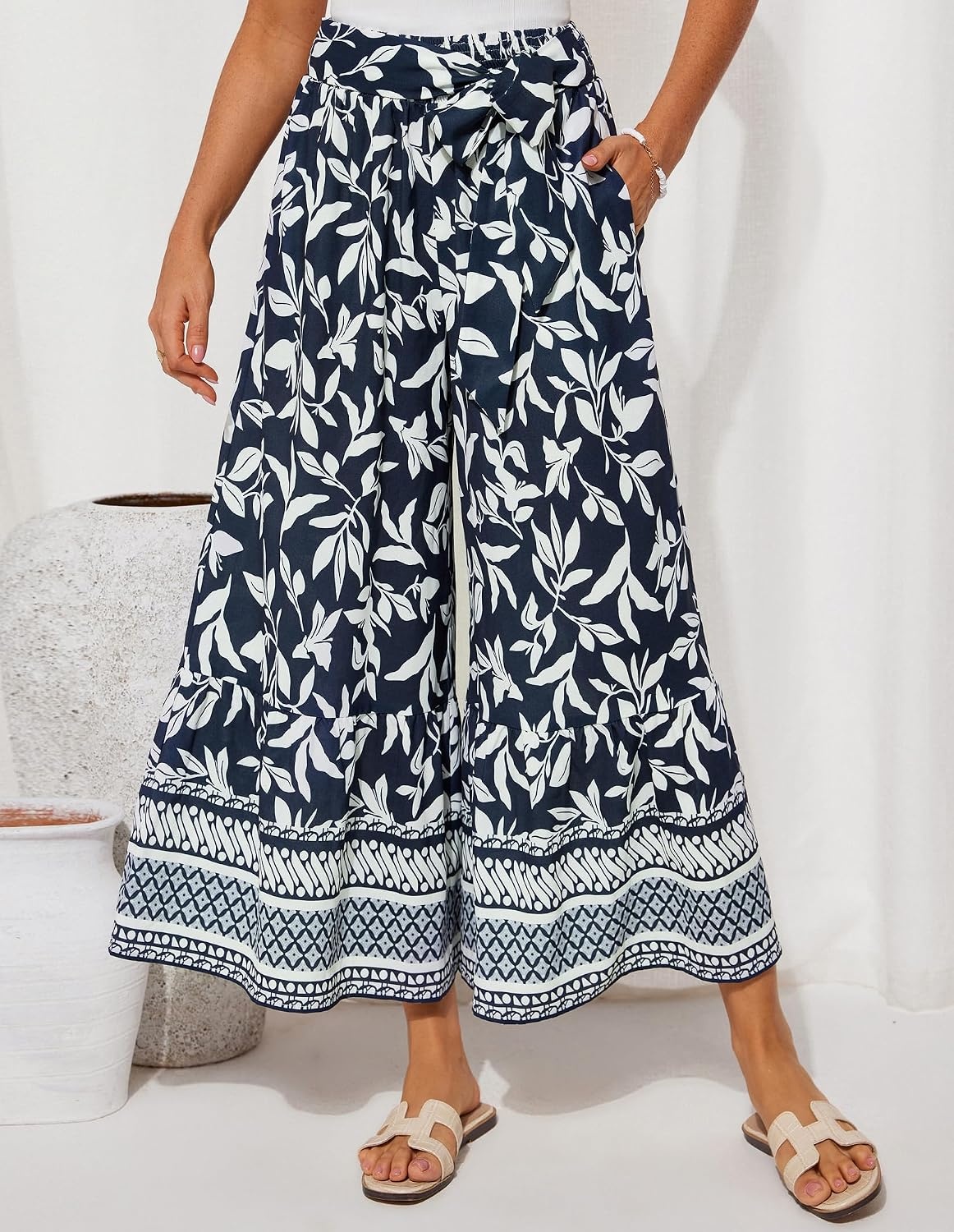 image:imageGRACE KARIN Wome Palazzo Wide Leg Pants Summer Boho Flowy Beach Trousers BeltedPocketsElastic High WaistedPull OnAline FlarePrintedTravelComfyVacationHawaiiHoneymoonNavy Floral