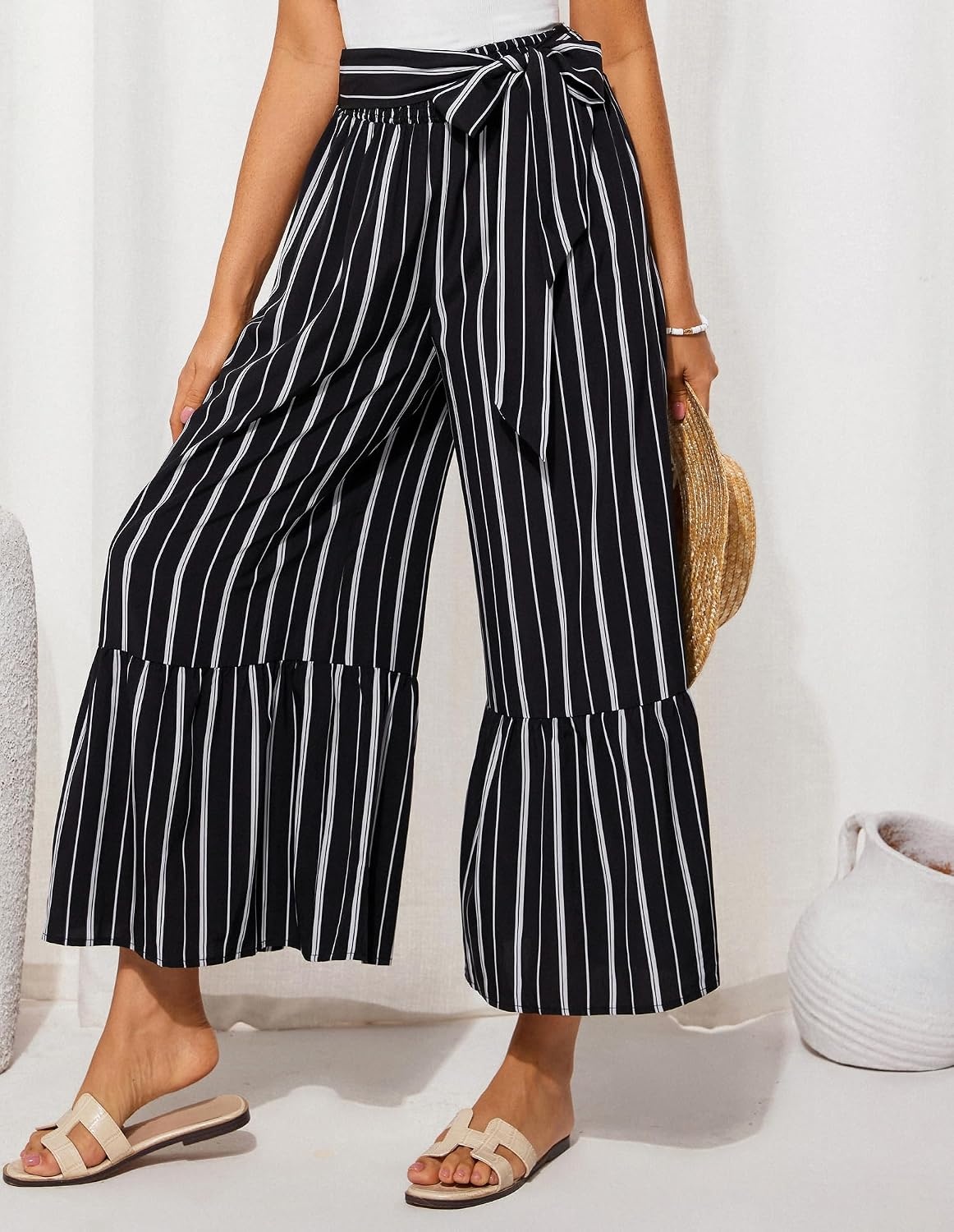 image:imageGRACE KARIN Wome Palazzo Wide Leg Pants Summer Boho Flowy Beach Trousers BeltedPocketsElastic High WaistedPull OnAline FlarePrintedTravelComfyVacationHawaiiHoneymoonBlack Striped