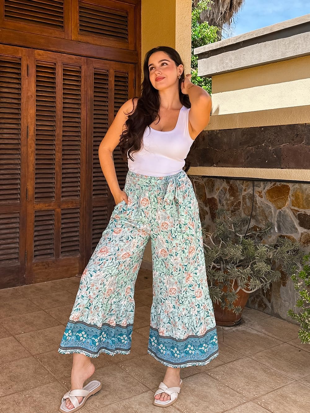 image:imageGRACE KARIN Wome Palazzo Wide Leg Pants Summer Boho Flowy Beach Trousers BeltedPocketsElastic High WaistedPull OnAline FlarePrintedTravelComfyVacationHawaiiHoneymoonMint Floral