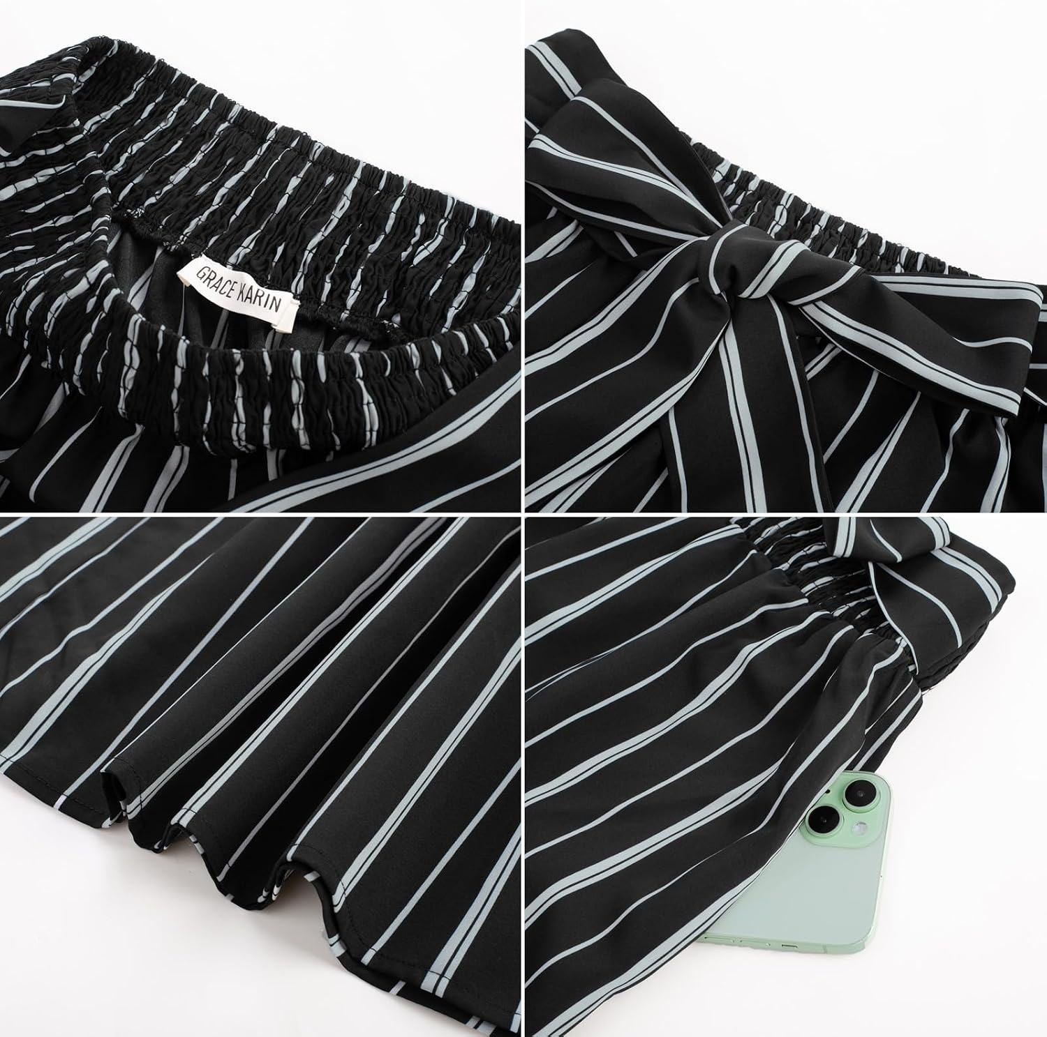 image:imageGRACE KARIN Wome Palazzo Wide Leg Pants Summer Boho Flowy Beach Trousers BeltedPocketsElastic High WaistedPull OnAline FlarePrintedTravelComfyVacationHawaiiHoneymoonBlack Striped