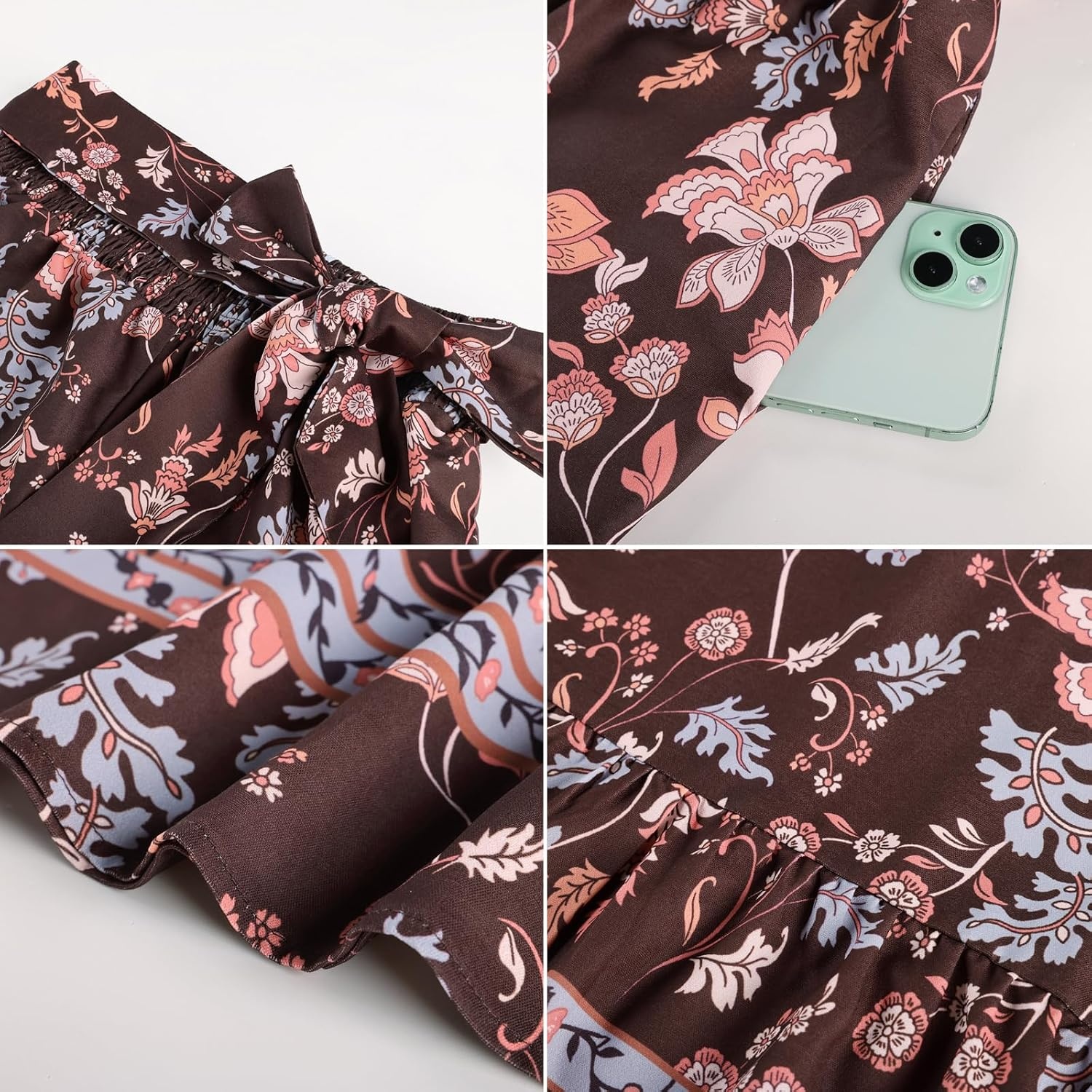 image:imageGRACE KARIN Wome Palazzo Wide Leg Pants Summer Boho Flowy Beach Trousers BeltedPocketsElastic High WaistedPull OnAline FlarePrintedTravelComfyVacationHawaiiHoneymoonBrown Pink Floral