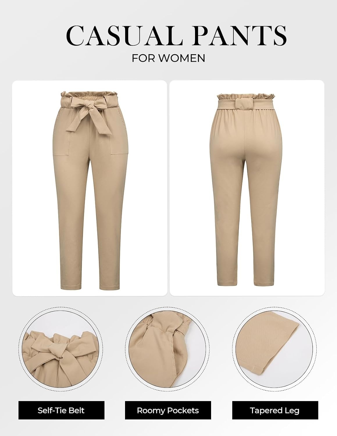 image:imageGRACE KARIN Women Work Pants High Waist Dressy Trousers Business Casual Paper Bag Bow Tie Office Stretch Elastic Waist with Pockets Lightweight Slim Fit PullonLight Tan