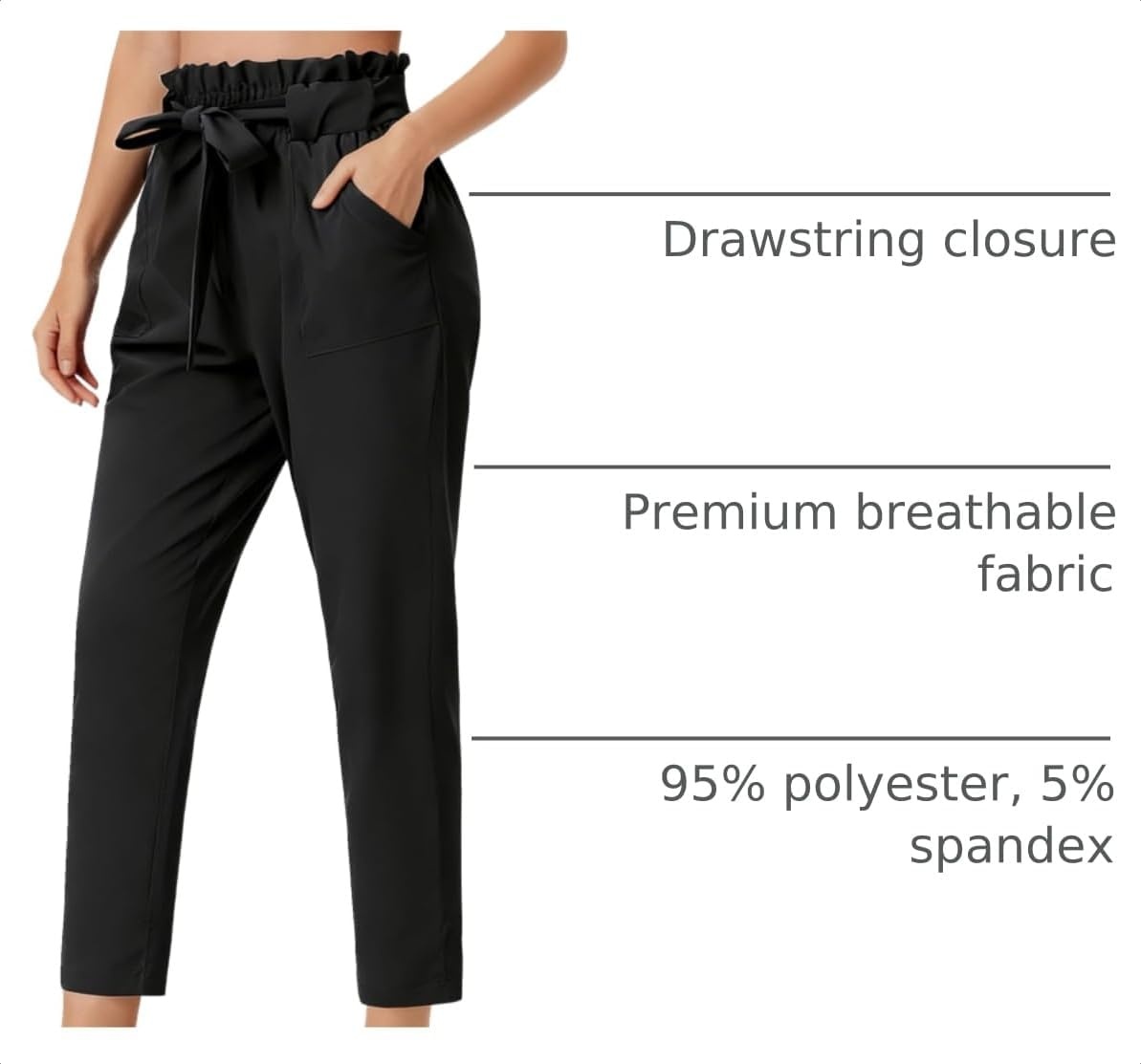 image:imageGRACE KARIN Women Work Pants High Waist Dressy Trousers Business Casual Paper Bag Bow Tie Office Stretch Elastic Waist with Pockets Lightweight Slim Fit PullonBlack