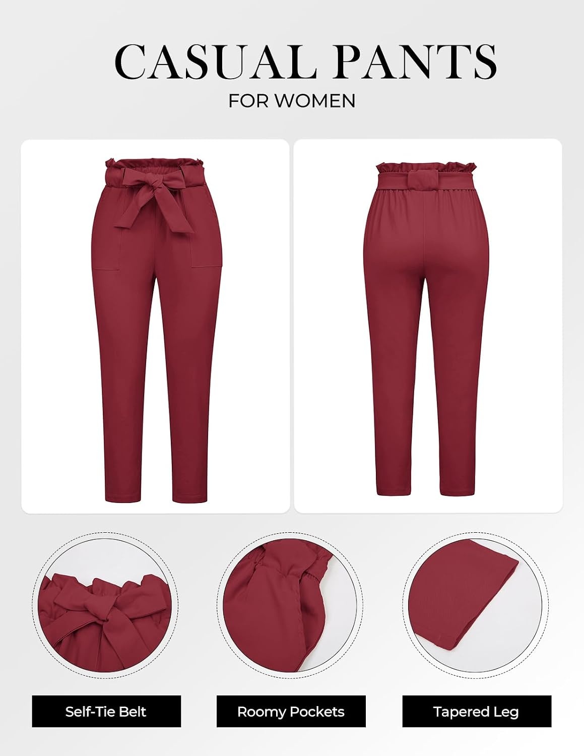 image:imageGRACE KARIN Women Work Pants High Waist Dressy Trousers Business Casual Paper Bag Bow Tie Office Stretch Elastic Waist with Pockets Lightweight Slim Fit PullonWine Red