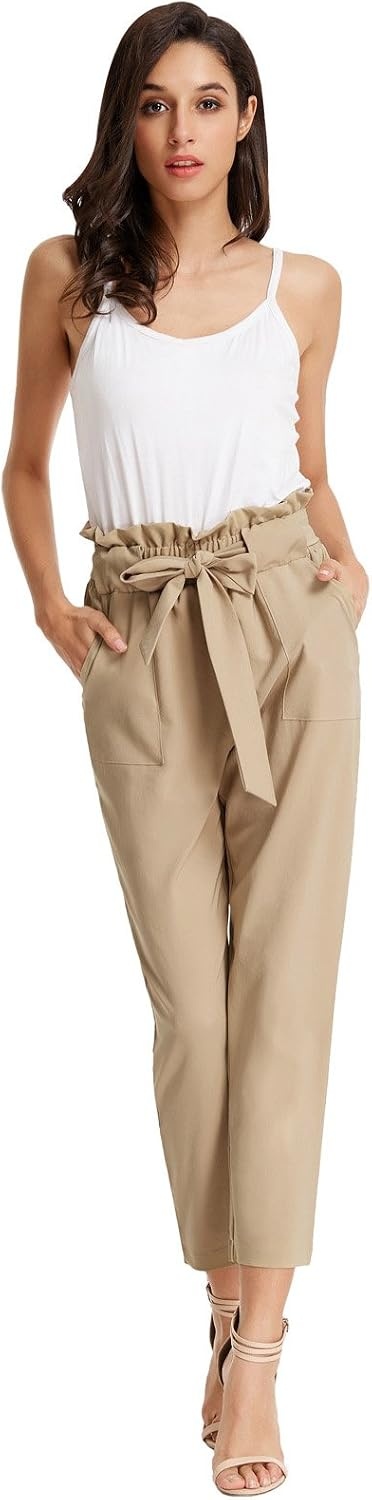 image:imageGRACE KARIN Women Work Pants High Waist Dressy Trousers Business Casual Paper Bag Bow Tie Office Stretch Elastic Waist with Pockets Lightweight Slim Fit PullonLight Tan