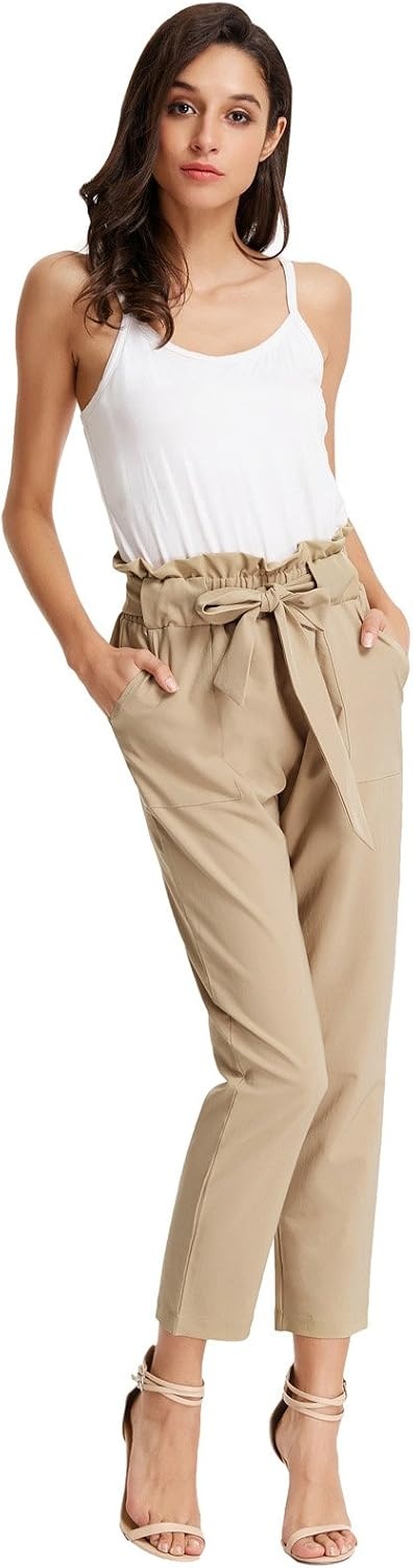 image:imageGRACE KARIN Women Work Pants High Waist Dressy Trousers Business Casual Paper Bag Bow Tie Office Stretch Elastic Waist with Pockets Lightweight Slim Fit PullonLight Tan