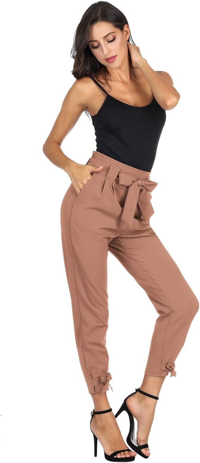 image:imageGRACE KARIN Womens Casual High Waist Pencil Pants Paper Bag Pants for Work Casual High Waist Pencil with Pockets BowKnot Cropped Paper Bag WorkApricot