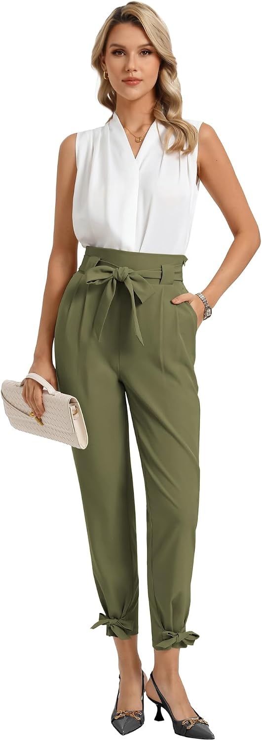image:imageGRACE KARIN Womens Casual High Waist Pencil Pants Paper Bag Pants for Work Casual High Waist Pencil with Pockets BowKnot Cropped Paper Bag WorkArmy Green