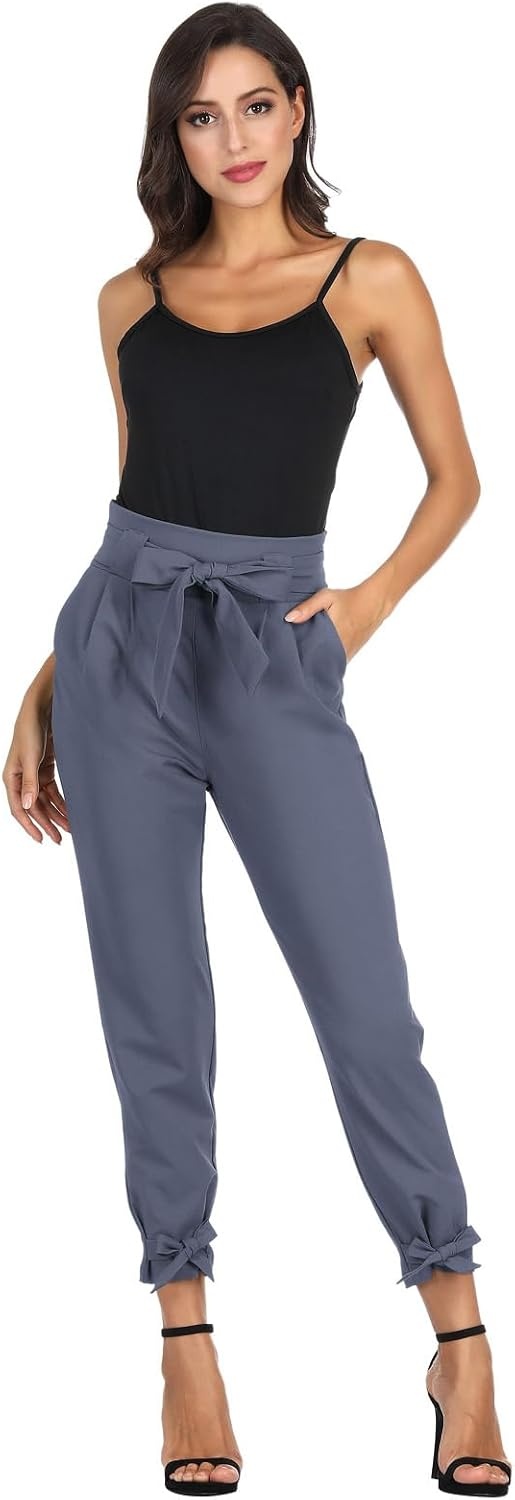 image:imageGRACE KARIN Womens Casual High Waist Pencil Pants Paper Bag Pants for Work Casual High Waist Pencil with Pockets BowKnot Cropped Paper Bag WorkBluegray