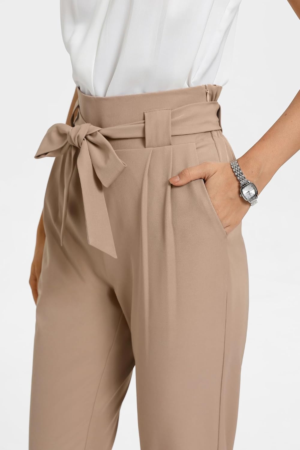 image:imageGRACE KARIN Womens Casual High Waist Pencil Pants Paper Bag Pants for Work Casual High Waist Pencil with Pockets BowKnot Cropped Paper Bag WorkCamel