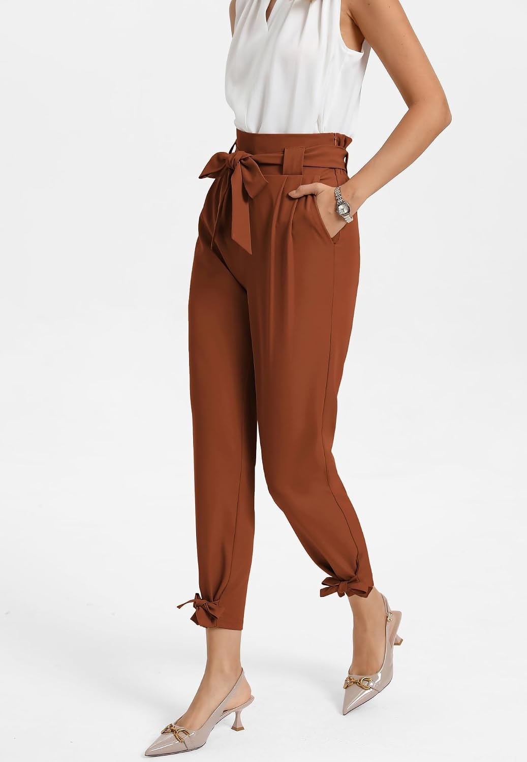 image:imageGRACE KARIN Womens Casual High Waist Pencil Pants Paper Bag Pants for Work Casual High Waist Pencil with Pockets BowKnot Cropped Paper Bag WorkCoffee