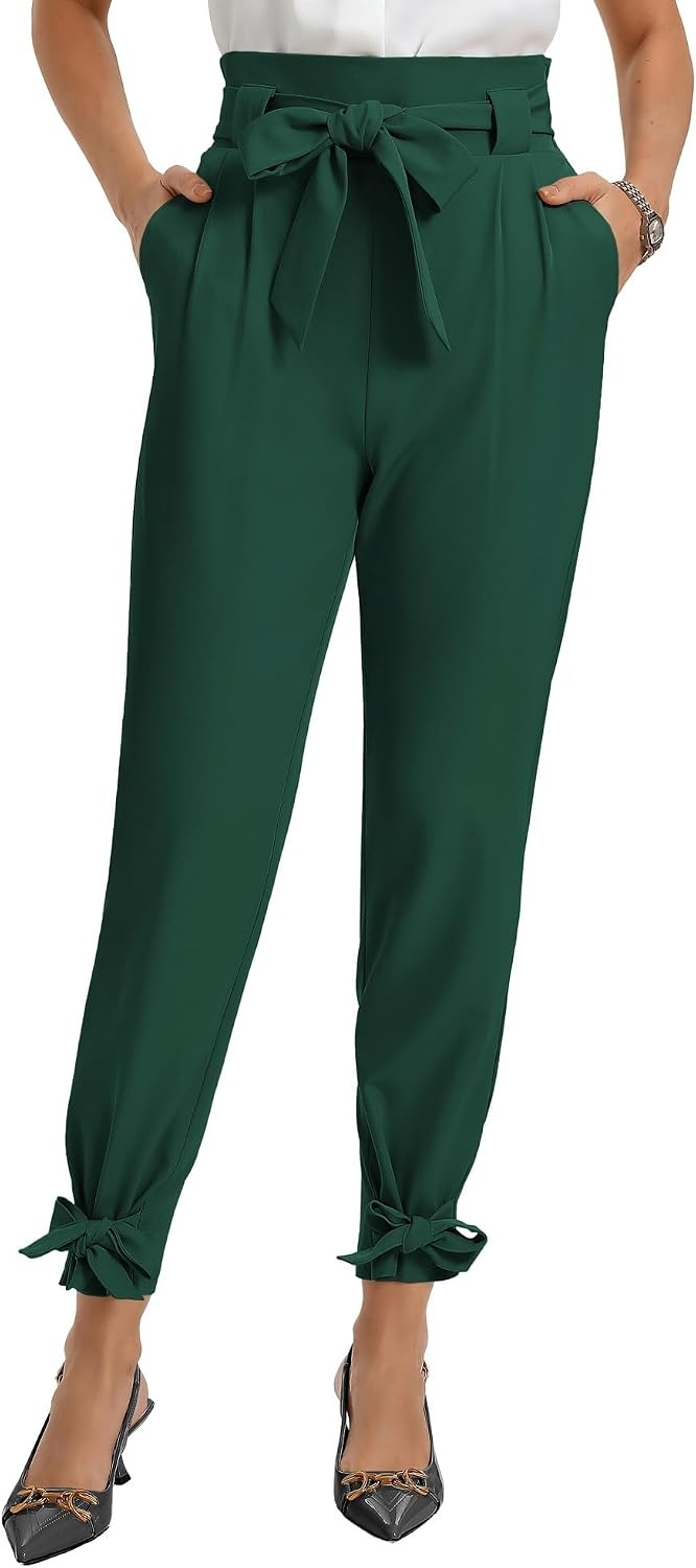 image:imageGRACE KARIN Womens Casual High Waist Pencil Pants Paper Bag Pants for Work Casual High Waist Pencil with Pockets BowKnot Cropped Paper Bag WorkDark Green