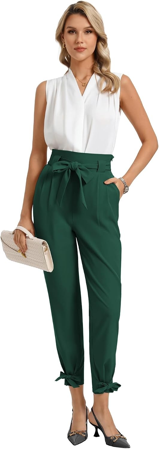 image:imageGRACE KARIN Womens Casual High Waist Pencil Pants Paper Bag Pants for Work Casual High Waist Pencil with Pockets BowKnot Cropped Paper Bag WorkDark Green