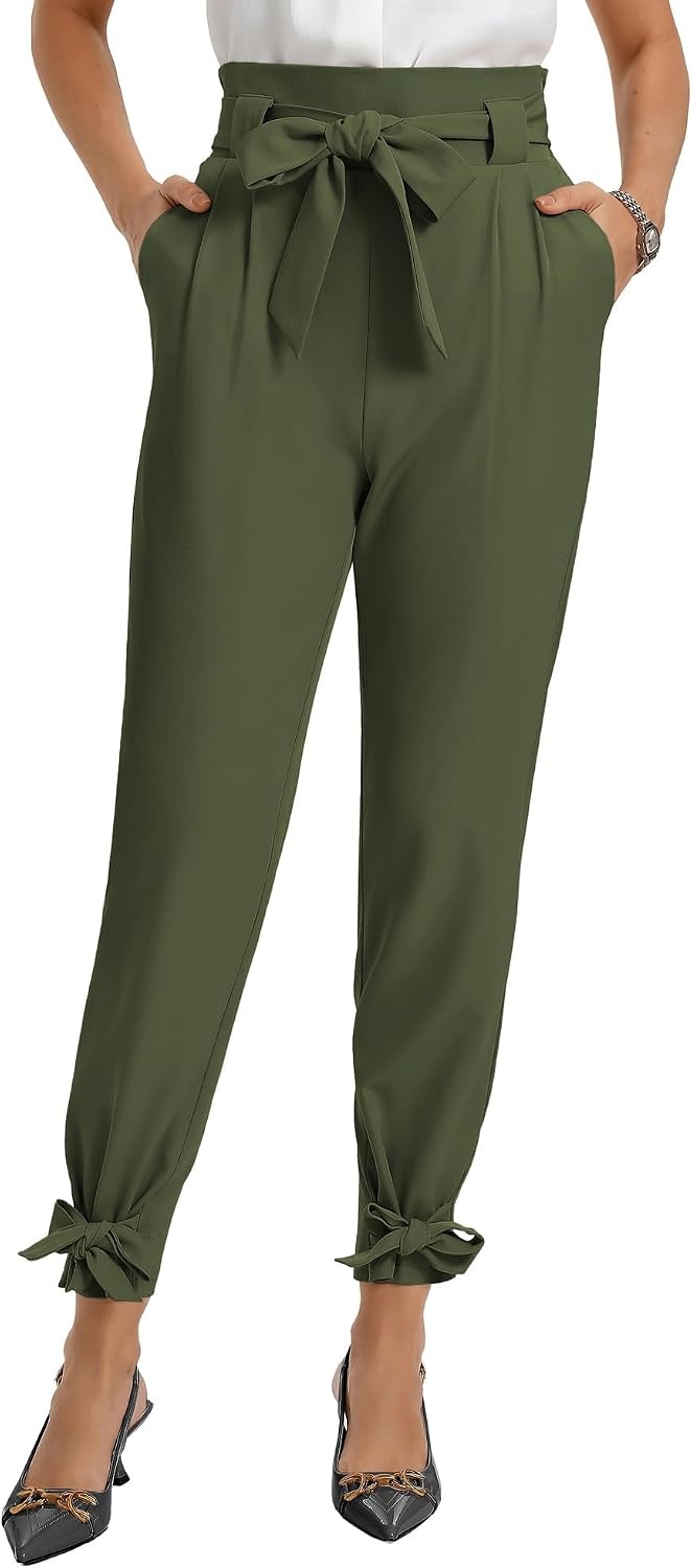 image:imageGRACE KARIN Womens Casual High Waist Pencil Pants Paper Bag Pants for Work Casual High Waist Pencil with Pockets BowKnot Cropped Paper Bag WorkDark Olive Green