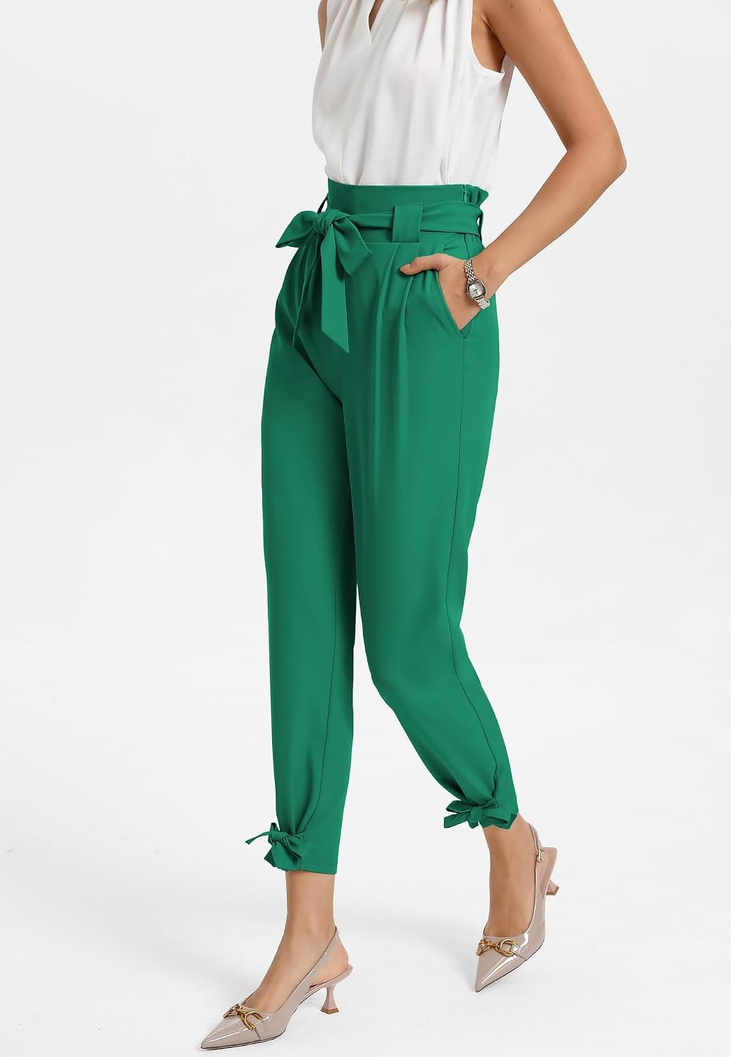 image:imageGRACE KARIN Womens Casual High Waist Pencil Pants Paper Bag Pants for Work Casual High Waist Pencil with Pockets BowKnot Cropped Paper Bag WorkGreen