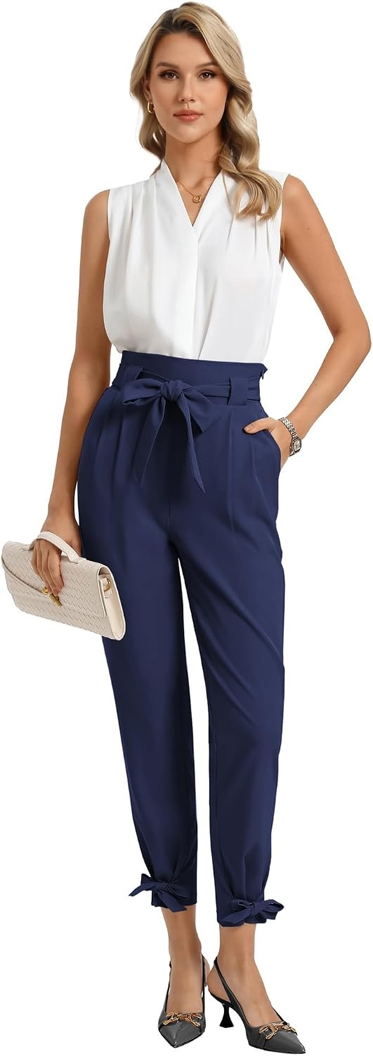 image:imageGRACE KARIN Womens Casual High Waist Pencil Pants Paper Bag Pants for Work Casual High Waist Pencil with Pockets BowKnot Cropped Paper Bag WorkNavy Blue