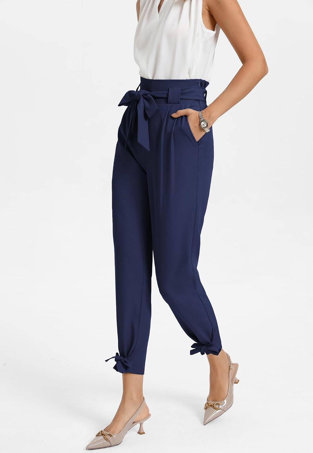 image:imageGRACE KARIN Womens Casual High Waist Pencil Pants Paper Bag Pants for Work Casual High Waist Pencil with Pockets BowKnot Cropped Paper Bag WorkNavy Blue