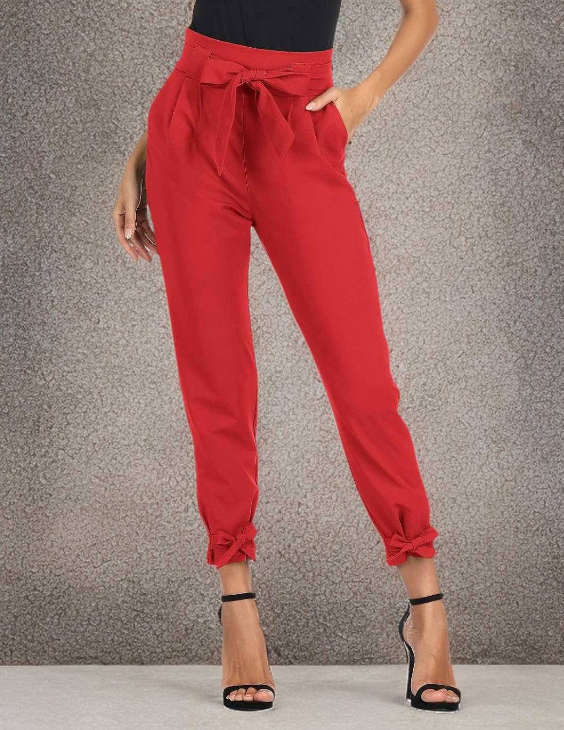 image:imageGRACE KARIN Womens Casual High Waist Pencil Pants Paper Bag Pants for Work Casual High Waist Pencil with Pockets BowKnot Cropped Paper Bag WorkRed