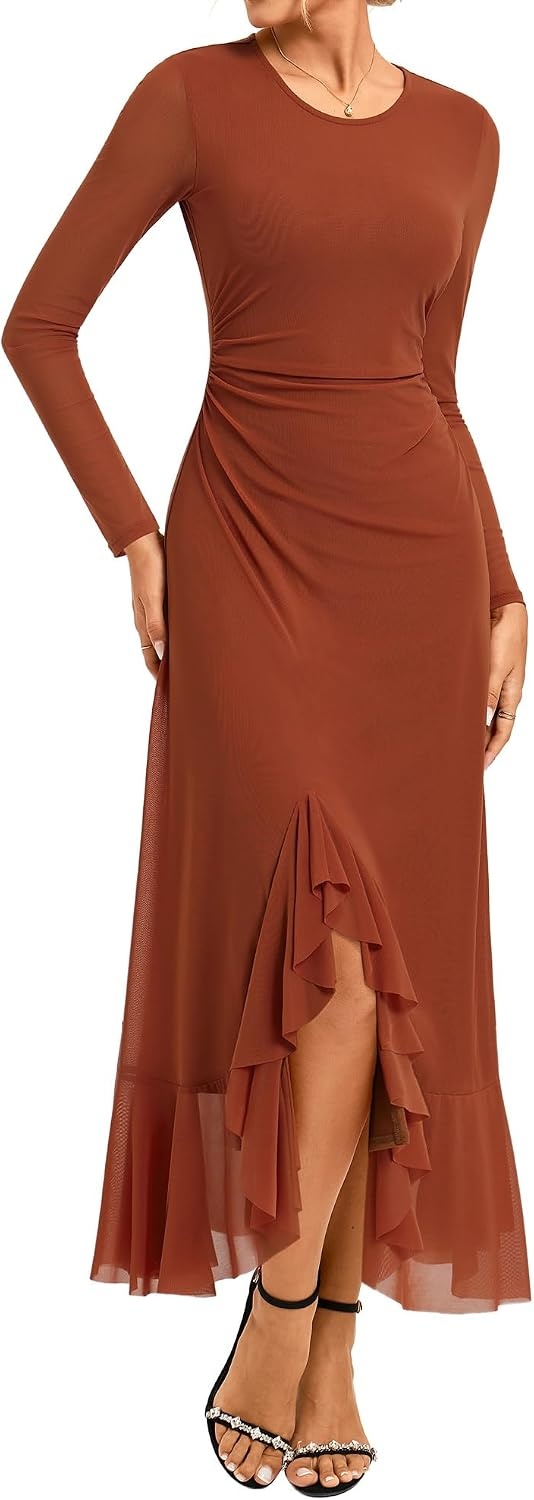 image:imageGRACE KARIN Womens Fall Wedding Guest Dress Long Sleeve Maxi Mesh Dresses Elegant Crew NeckRuched BodyconAsymmetric Ruffle HemFormal Cocktail PartyDate Night OutfitsFashion ClothingCaramel