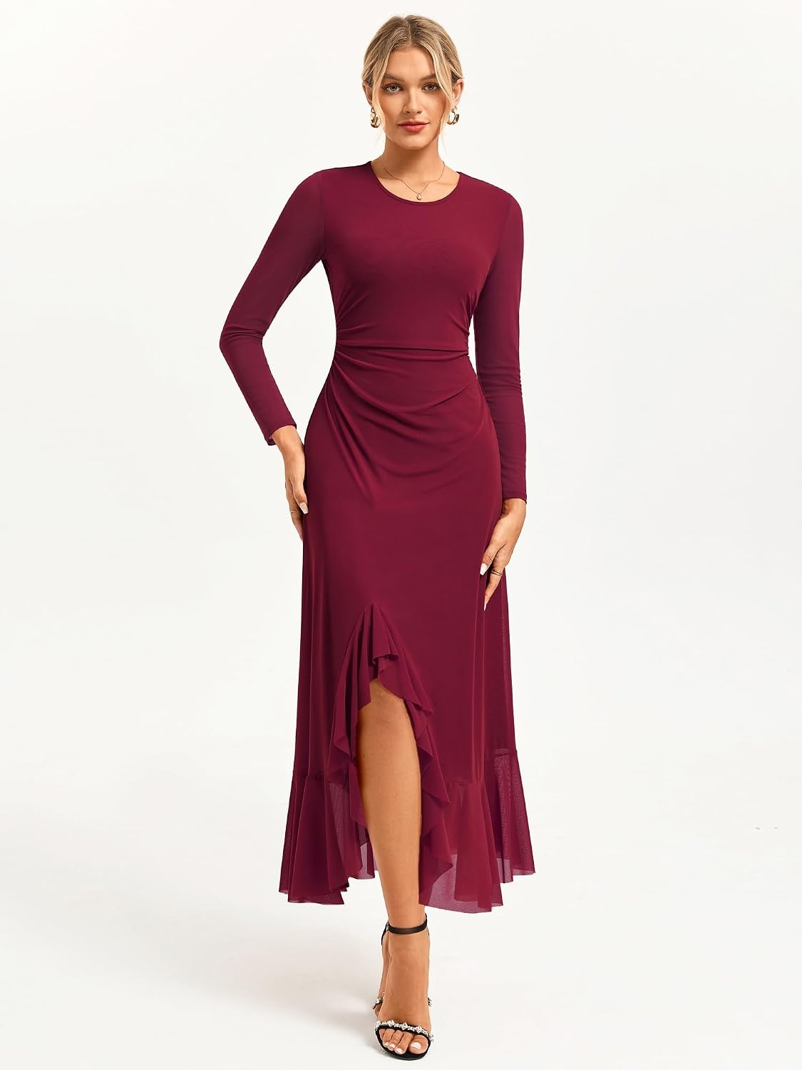 image:imageGRACE KARIN Womens Fall Wedding Guest Dress Long Sleeve Maxi Mesh Dresses Elegant Crew NeckRuched BodyconAsymmetric Ruffle HemFormal Cocktail PartyDate Night OutfitsFashion ClothingWine