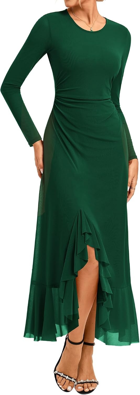 image:imageGRACE KARIN Womens Fall Wedding Guest Dress Long Sleeve Maxi Mesh Dresses Elegant Crew NeckRuched BodyconAsymmetric Ruffle HemFormal Cocktail PartyDate Night OutfitsFashion ClothingDark Green