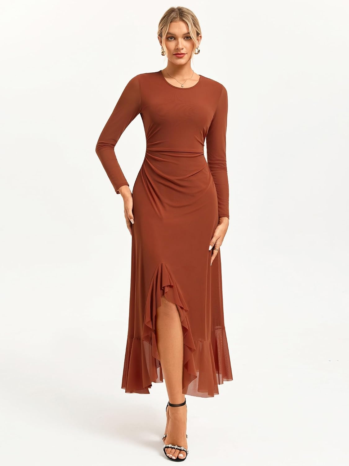 image:imageGRACE KARIN Womens Fall Wedding Guest Dress Long Sleeve Maxi Mesh Dresses Elegant Crew NeckRuched BodyconAsymmetric Ruffle HemFormal Cocktail PartyDate Night OutfitsFashion ClothingCaramel