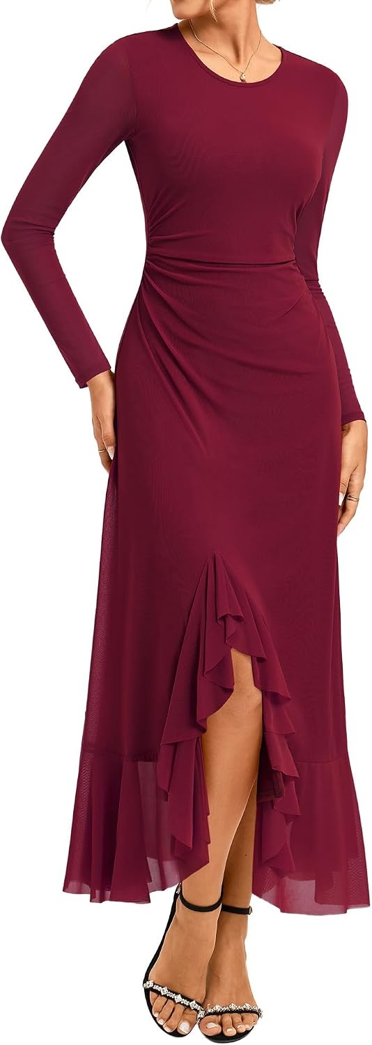 image:imageGRACE KARIN Womens Fall Wedding Guest Dress Long Sleeve Maxi Mesh Dresses Elegant Crew NeckRuched BodyconAsymmetric Ruffle HemFormal Cocktail PartyDate Night OutfitsFashion ClothingWine
