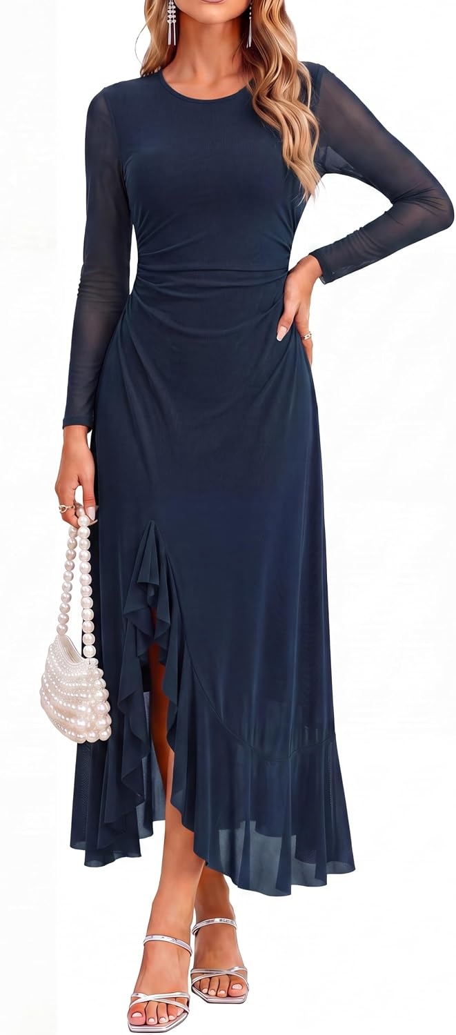 image:imageGRACE KARIN Womens Fall Wedding Guest Dress Long Sleeve Maxi Mesh Dresses Elegant Crew NeckRuched BodyconAsymmetric Ruffle HemFormal Cocktail PartyDate Night OutfitsFashion ClothingNavy