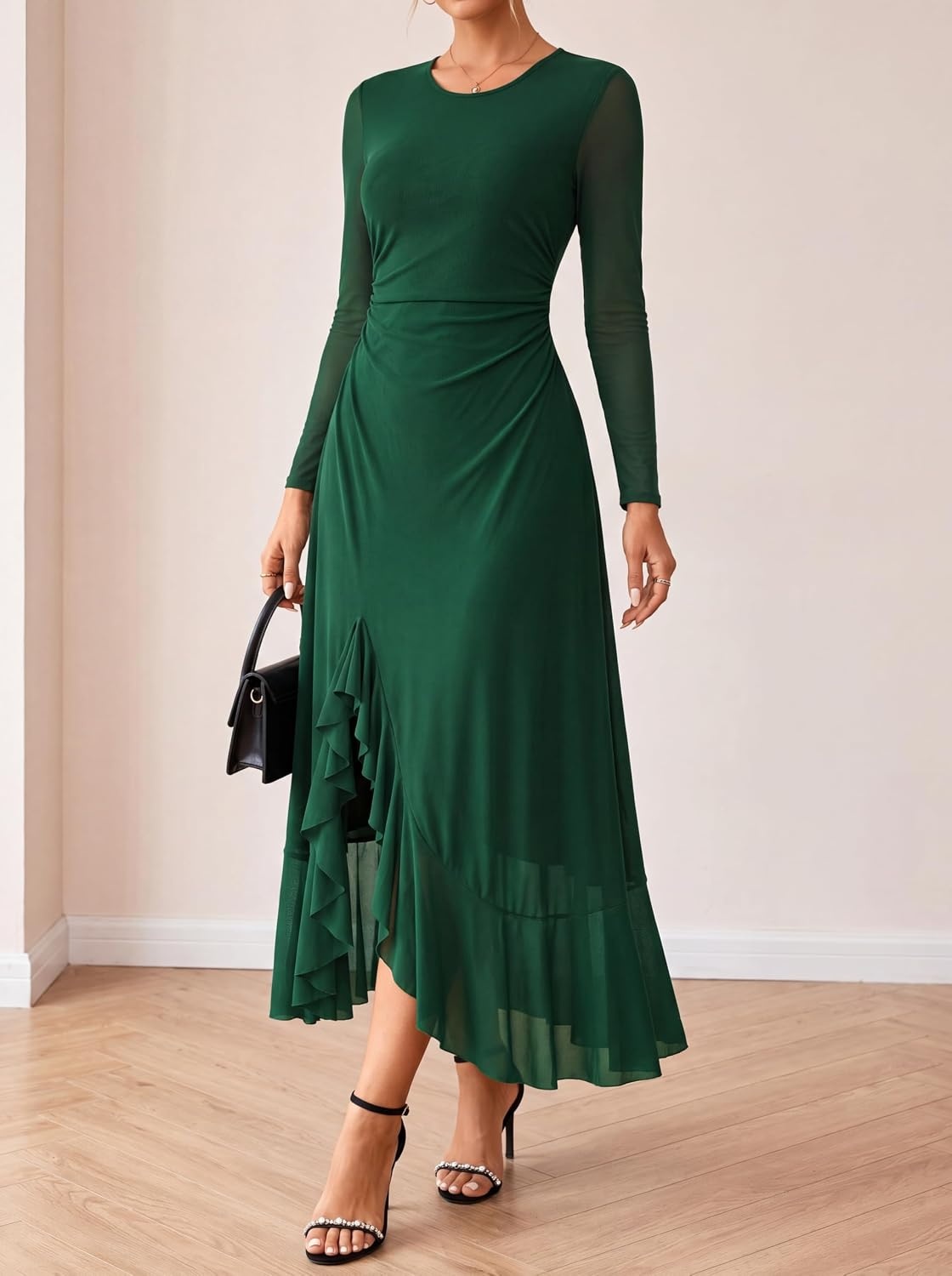 image:imageGRACE KARIN Womens Fall Wedding Guest Dress Long Sleeve Maxi Mesh Dresses Elegant Crew NeckRuched BodyconAsymmetric Ruffle HemFormal Cocktail PartyDate Night OutfitsFashion ClothingDark Green